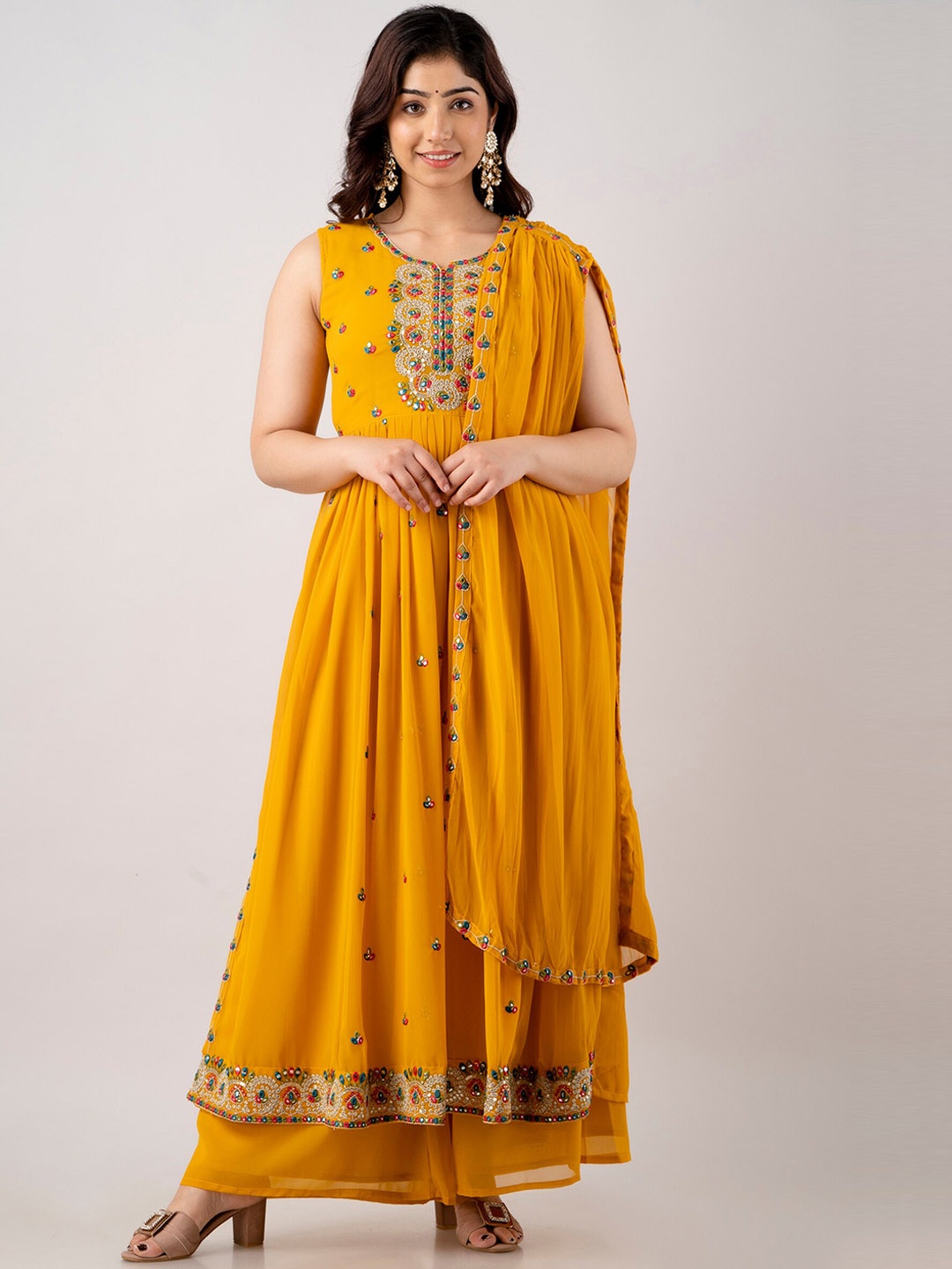 Charu Ethnic Motifs Embroidered Mirror Work Anarkali Kurta with Palazzos & Dupatta, Mustard
Charu Ethnic Motifs Embroidered Mirror Work Anarkali Kurta with Palazzos & Dupatta, Mustard