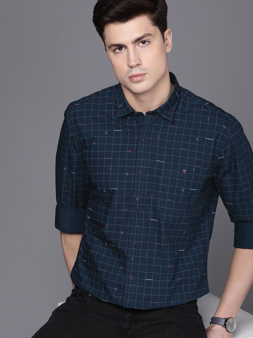 Louis Philippe Jeans Pure Cotton Slim Fit Grid Tattersall Checked Casual Shirt, Navy blue
Louis Philippe Jeans Pure Cotton Slim Fit Grid Tattersall Checked Casual Shirt, Navy blue