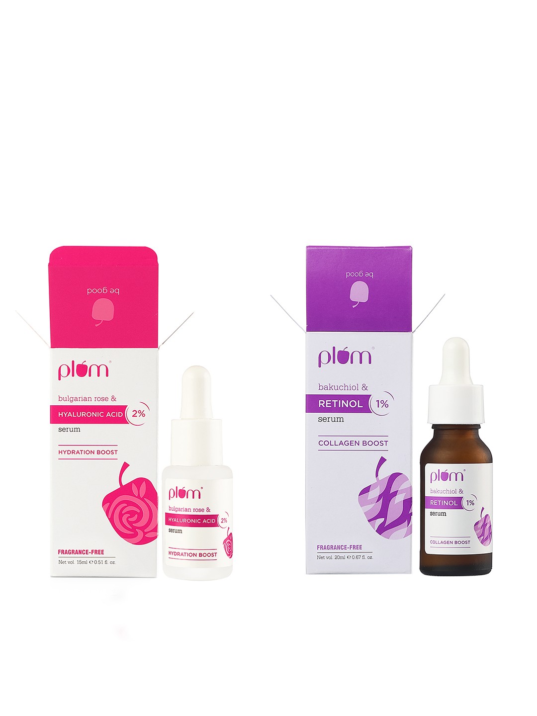 Plum Set of 2 Face Serum - Hyaluronic Acid with Rose 15 ml & Retinol with Bakuchiol 20 ml, Purple
Plum Set of 2 Face Serum - Hyaluronic Acid with Rose 15 ml & Retinol with Bakuchiol 20 ml, Purple