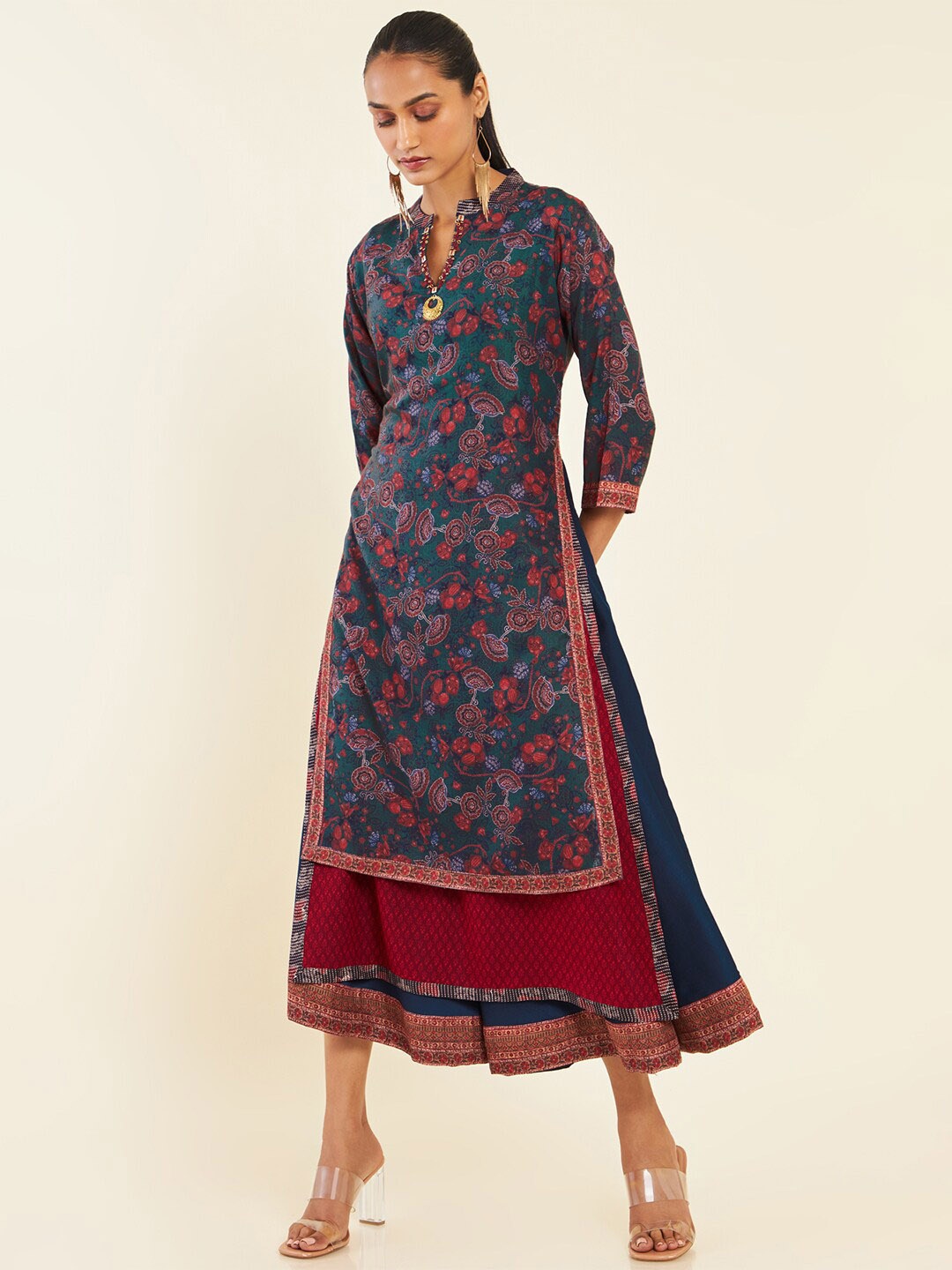 Soch Navy Blue Ethnic Motifs Printed Mandarin Collar Georgette A-Line Midi Ethnic Dress
Soch Navy Blue Ethnic Motifs Printed Mandarin Collar Georgette A-Line Midi Ethnic Dress