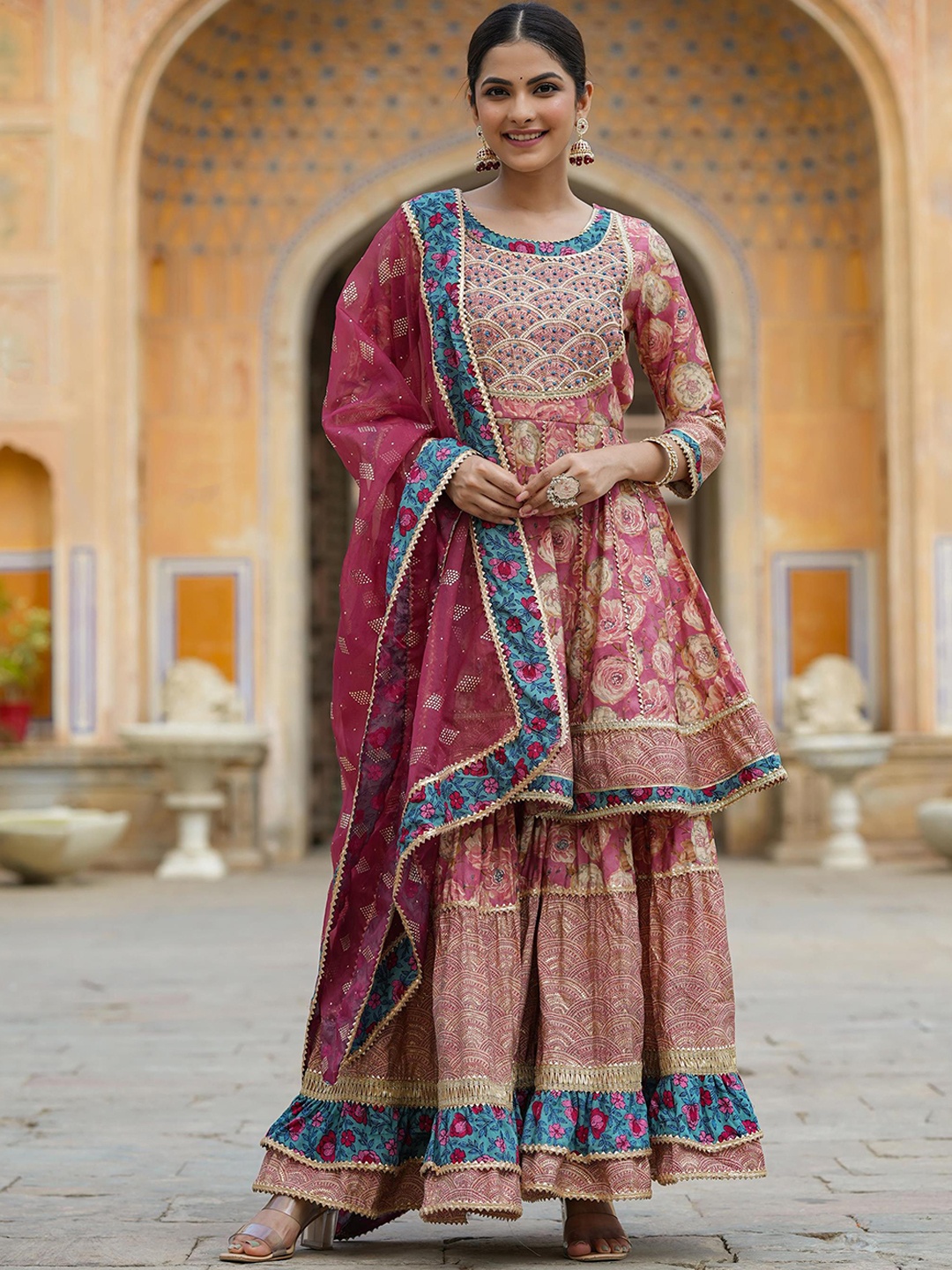 SCAKHI Floral Printed Panelled Gotta Patti Anarkali Kurti with Sharara & Dupatta, Pink
SCAKHI Floral Printed Panelled Gotta Patti Anarkali Kurti with Sharara & Dupatta, Pink