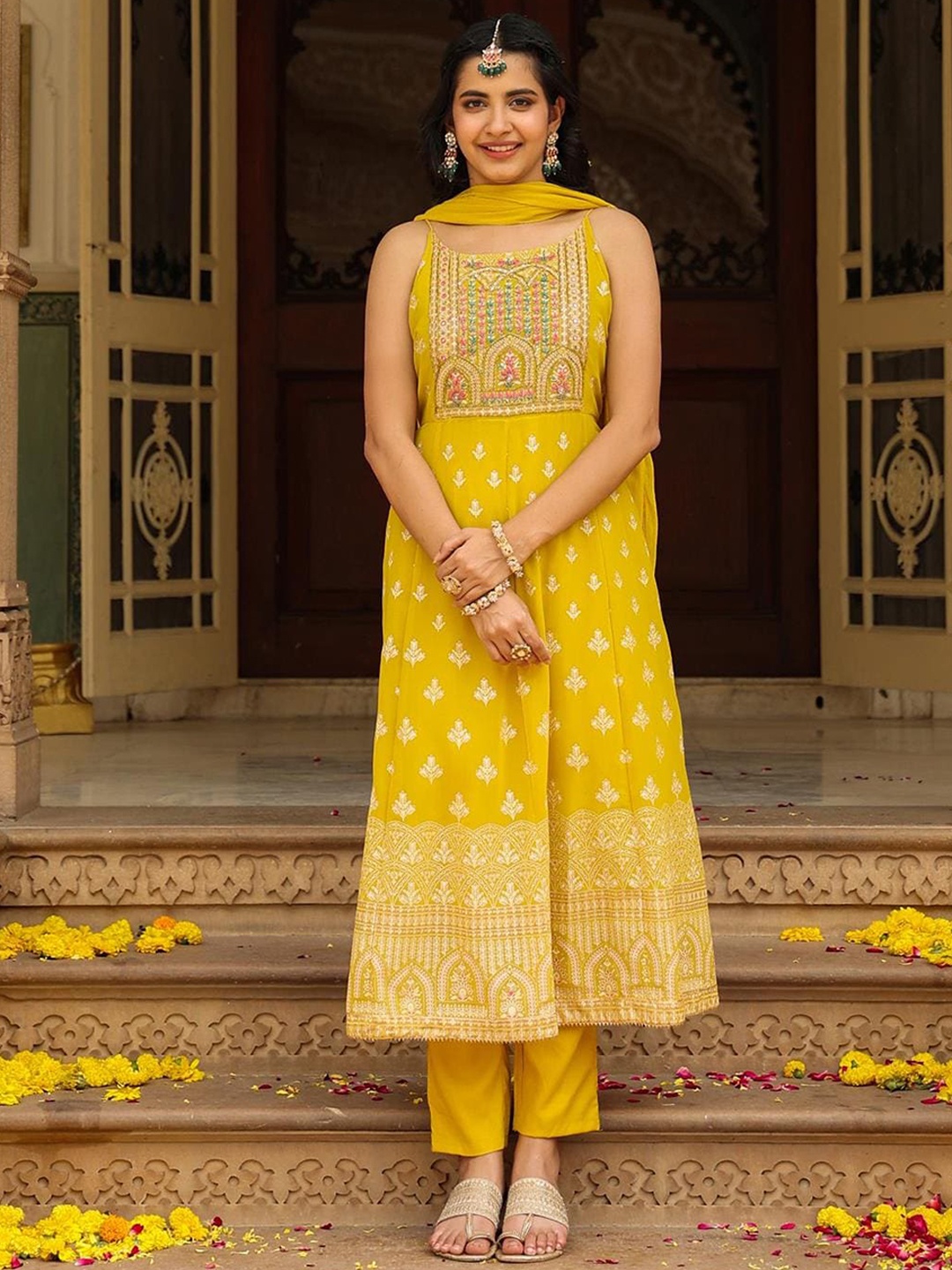 SCAKHI Floral Yoke Design Mirror Work Anarkali Kurta With Trousers & Dupatta, Mustard
SCAKHI Floral Yoke Design Mirror Work Anarkali Kurta With Trousers & Dupatta, Mustard