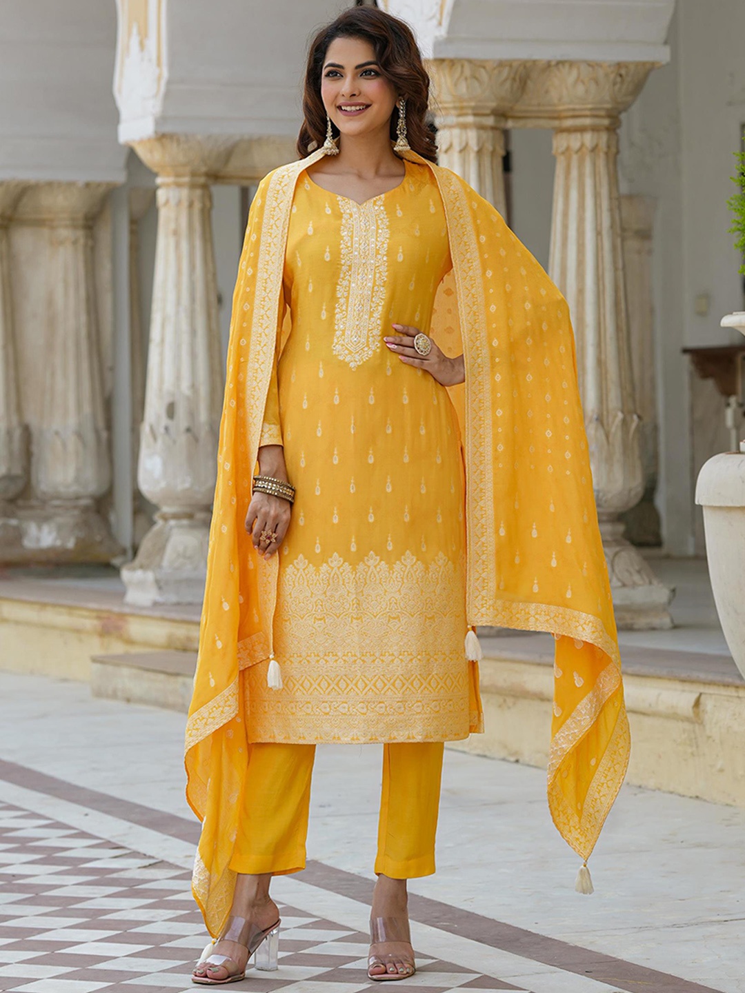 SCAKHI Ethnic Motifs Woven Design Beads & Stones Kurta with Trousers & Dupatta, Mustard
SCAKHI Ethnic Motifs Woven Design Beads & Stones Kurta with Trousers & Dupatta, Mustard