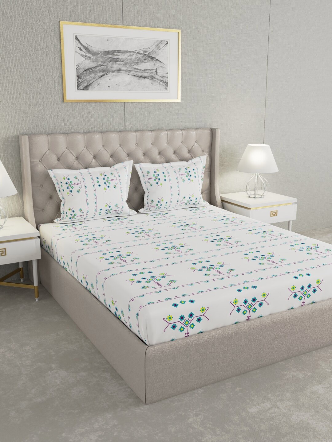Raymond Home White & Blue Geometric 200 TC 100% Cotton King Bedsheet with 2 Pillow Covers
Raymond Home White & Blue Geometric 200 TC 100% Cotton King Bedsheet with 2 Pillow Covers