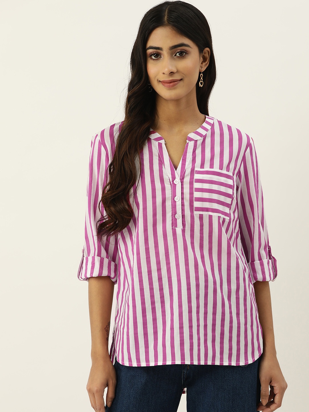 IX IMPRESSION Striped Mandarin Collar Pure Cotton Shirt Style Longline Top, Pink
IX IMPRESSION Striped Mandarin Collar Pure Cotton Shirt Style Longline Top, Pink