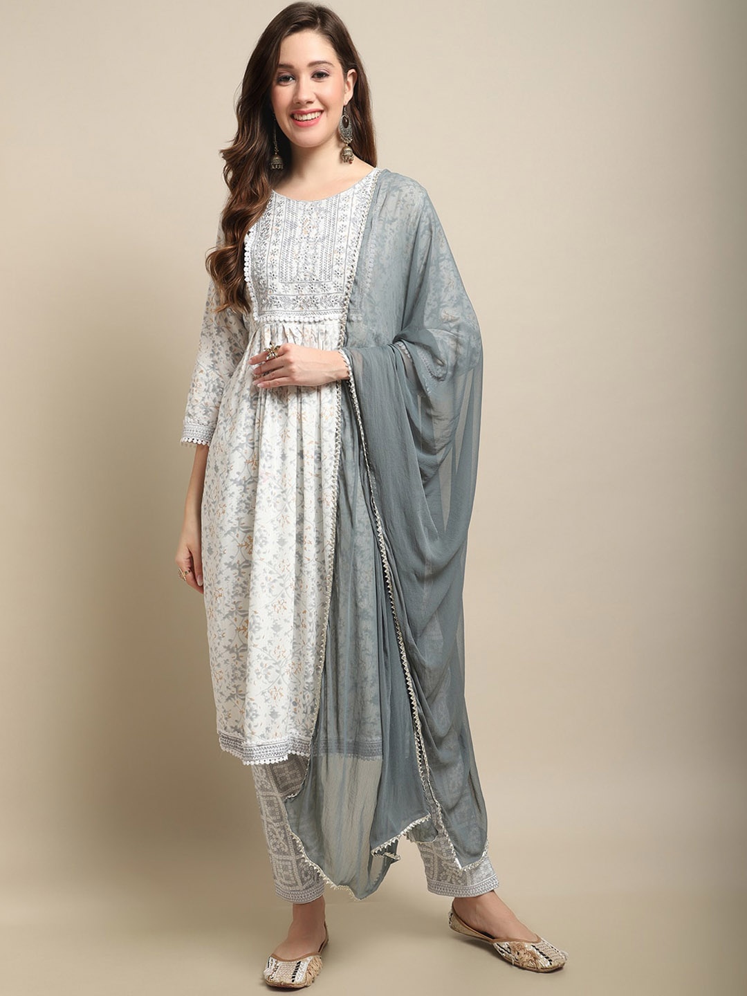 Sangria Off White & Grey Embroidered Mirror Work A-Line Kurta With Trouser & Dupatta
Sangria Off White & Grey Embroidered Mirror Work A-Line Kurta With Trouser & Dupatta