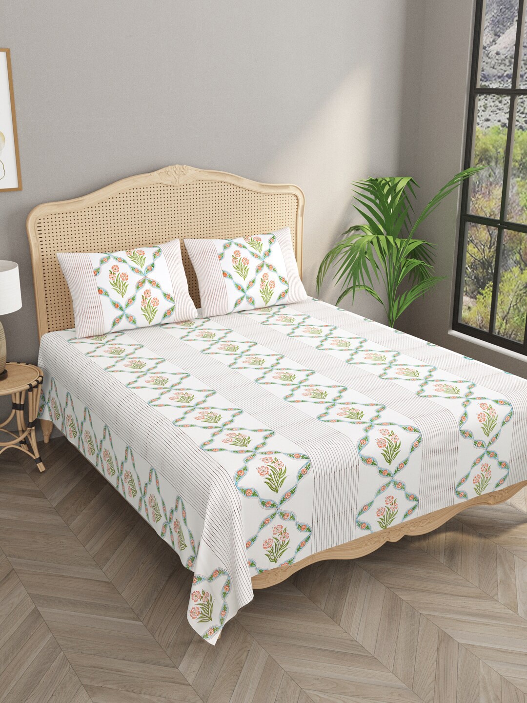 Gulaab Jaipur Cream-Coloured Floral Printed 600 TC Cotton King Bedsheet & 2 Pillow Covers
Gulaab Jaipur Cream-Coloured Floral Printed 600 TC Cotton King Bedsheet & 2 Pillow Covers