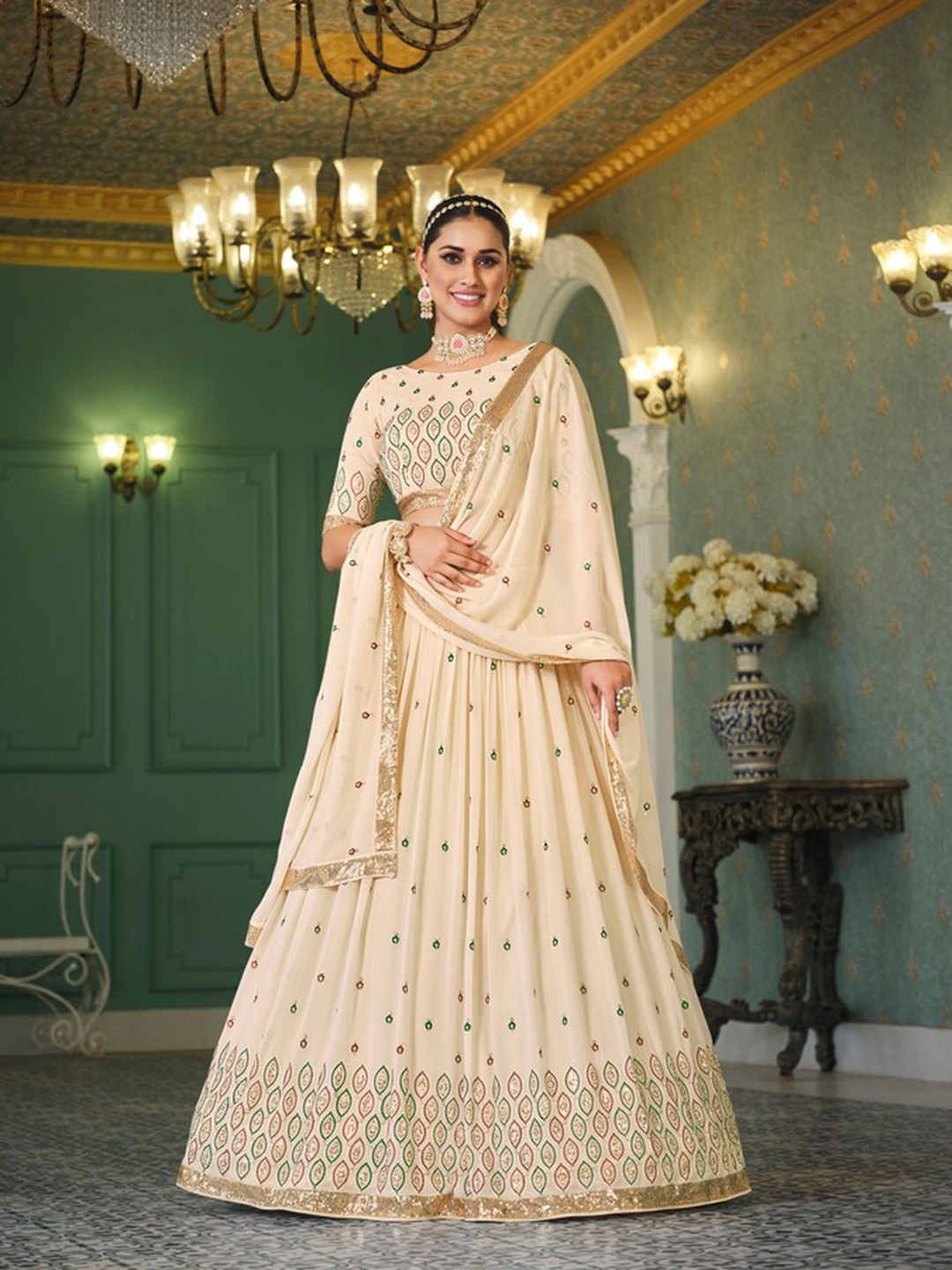 Exclusiva Embroidered Sequined Semi-Stitched Lehenga & Unstitched Blouse With Dupatta, Beige
Exclusiva Embroidered Sequined Semi-Stitched Lehenga & Unstitched Blouse With Dupatta, Beige