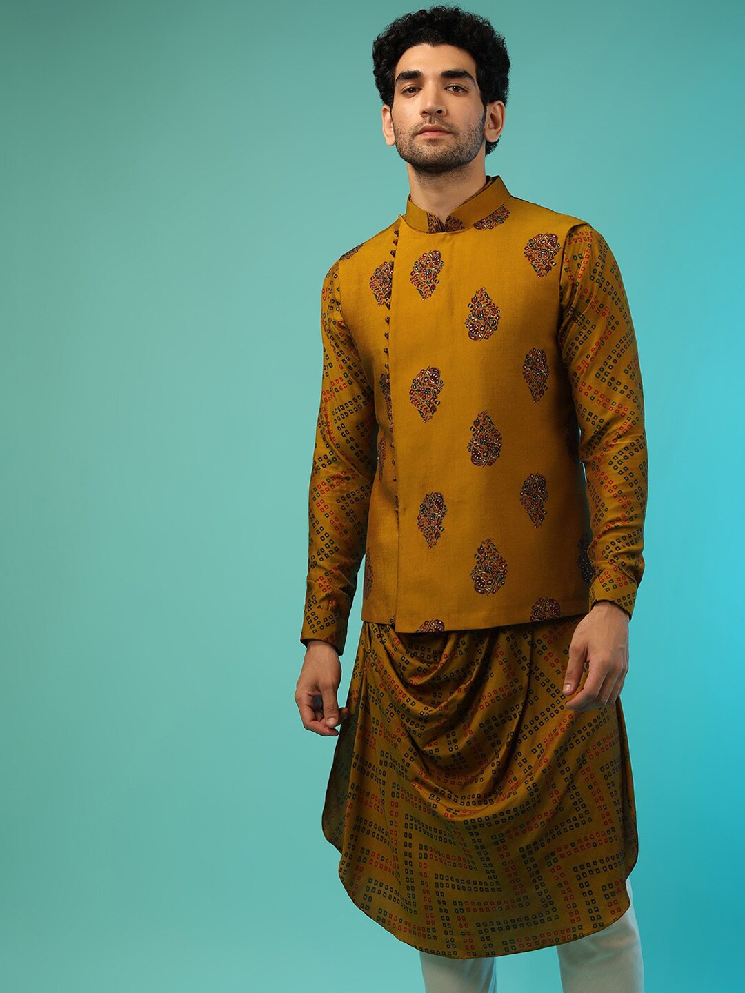 KALKI Fashion Bandhani Printed Mandarin Collar Kurta With Churidar & Nehru Jacket, Mustard
KALKI Fashion Bandhani Printed Mandarin Collar Kurta With Churidar & Nehru Jacket, Mustard