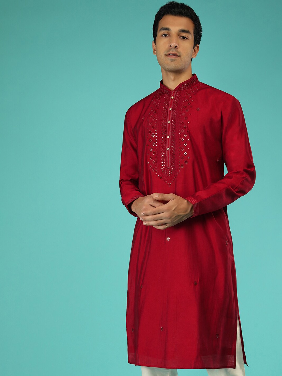 KALKI Fashion Ethnic Motifs Embroidered Mirror Work Pure Silk Kurta with Churidar, Red
KALKI Fashion Ethnic Motifs Embroidered Mirror Work Pure Silk Kurta with Churidar, Red