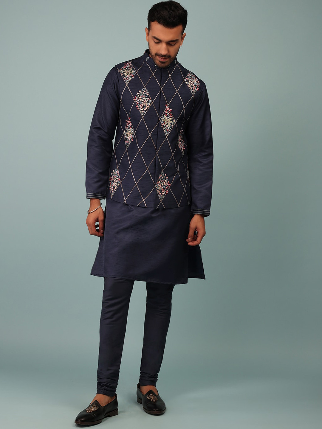 KALKI Fashion Mandarin Collar Raw Silk Kurta With Churidar & Jacket, Navy blue
KALKI Fashion Mandarin Collar Raw Silk Kurta With Churidar & Jacket, Navy blue