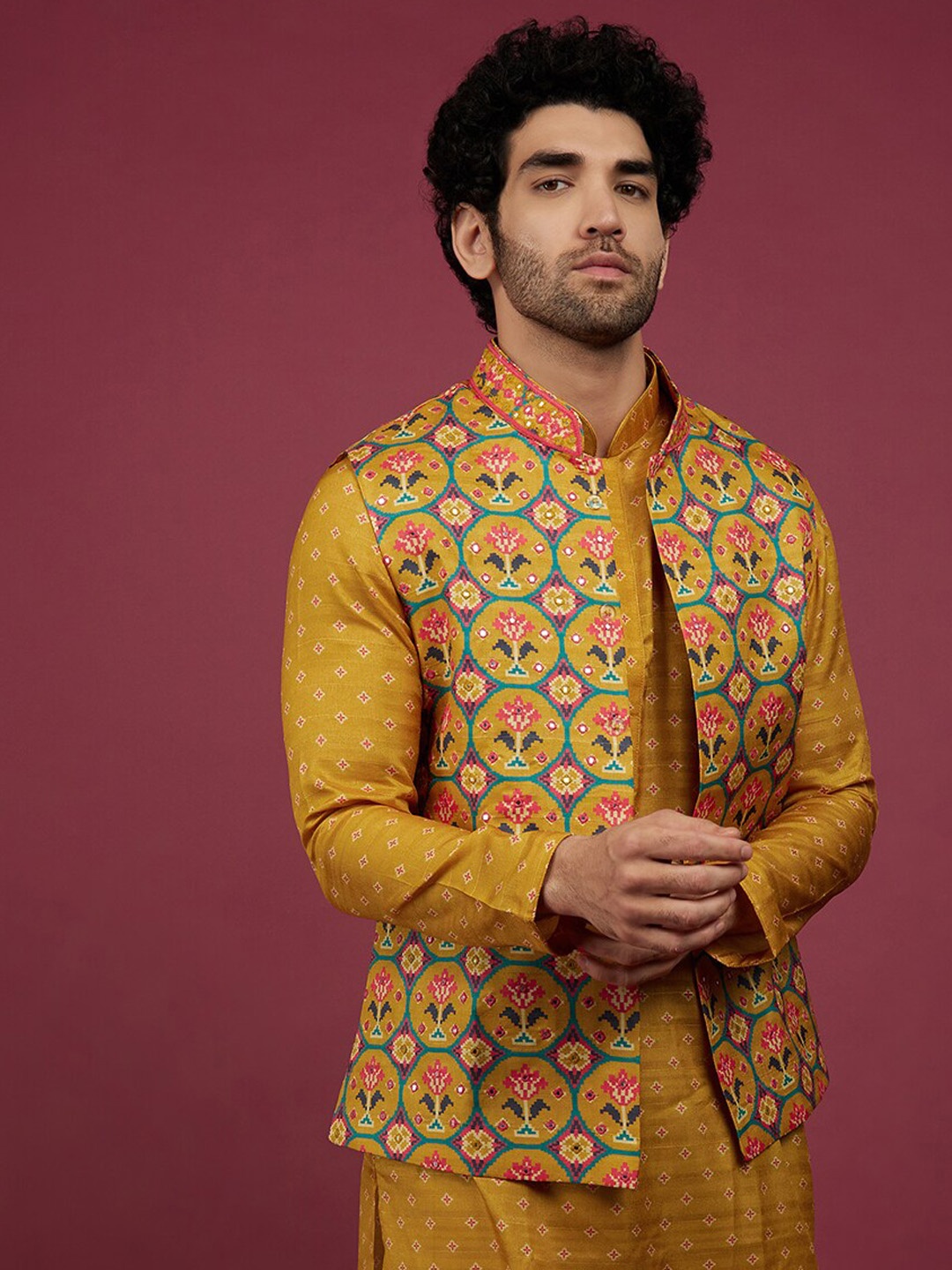 KALKI Fashion Geometric Printed Mandarin Collar Pure Silk Kurta With Churidar & Jacket, Mustard
KALKI Fashion Geometric Printed Mandarin Collar Pure Silk Kurta With Churidar & Jacket, Mustard