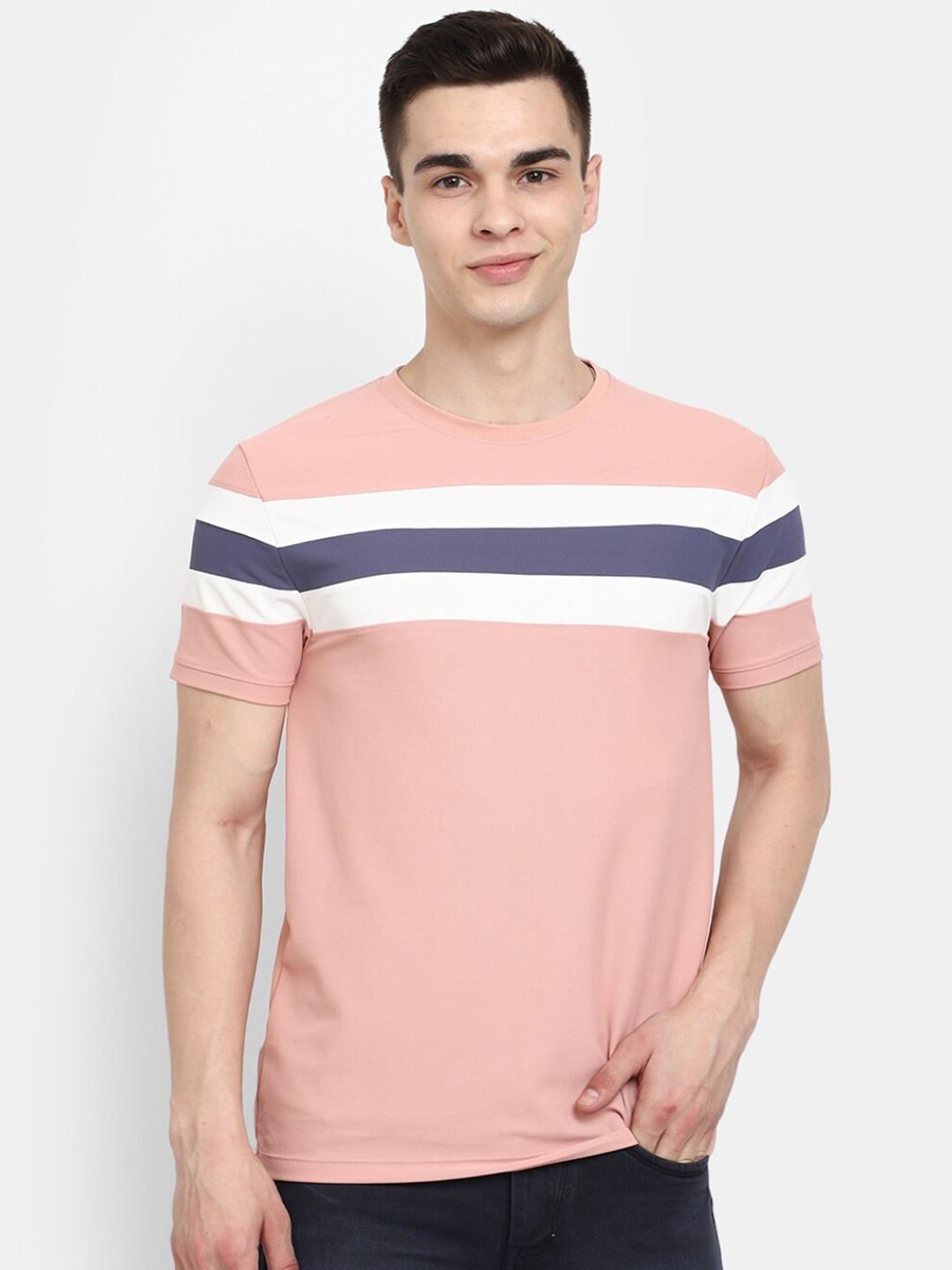 V-Mart Striped Cotton Slim Fit T-shirt, Pink