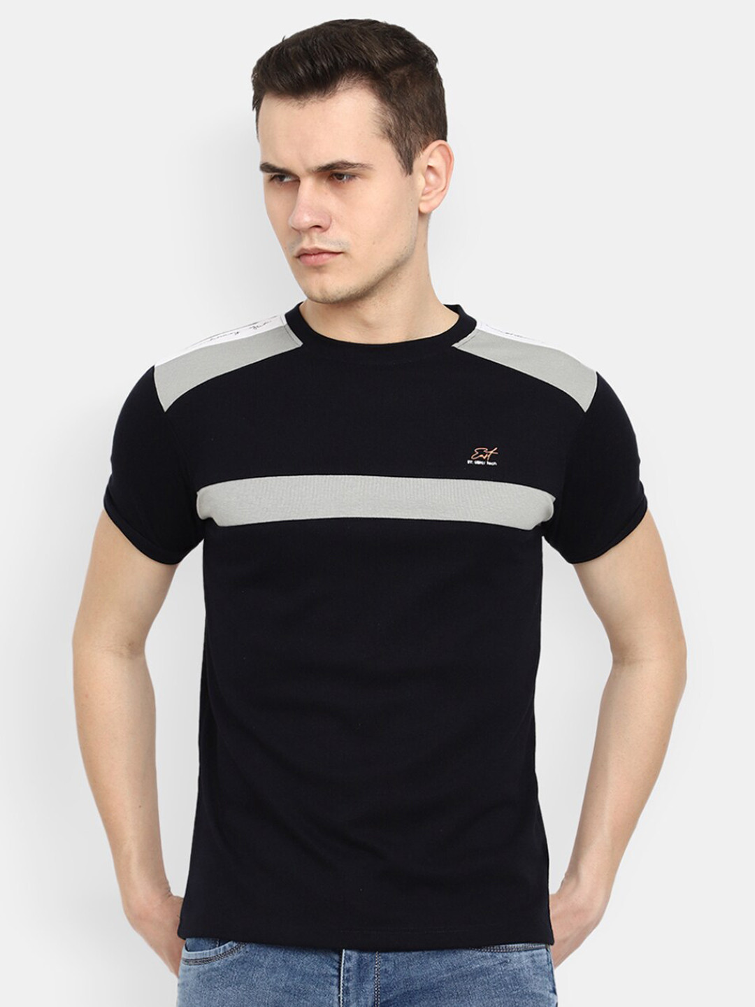 V-Mart Colourblocked Short Sleeves Round Neck Slim Fit Cotton T-shirt, Black 
V-Mart Colourblocked Short Sleeves Round Neck Slim Fit Cotton T-shirt, Black