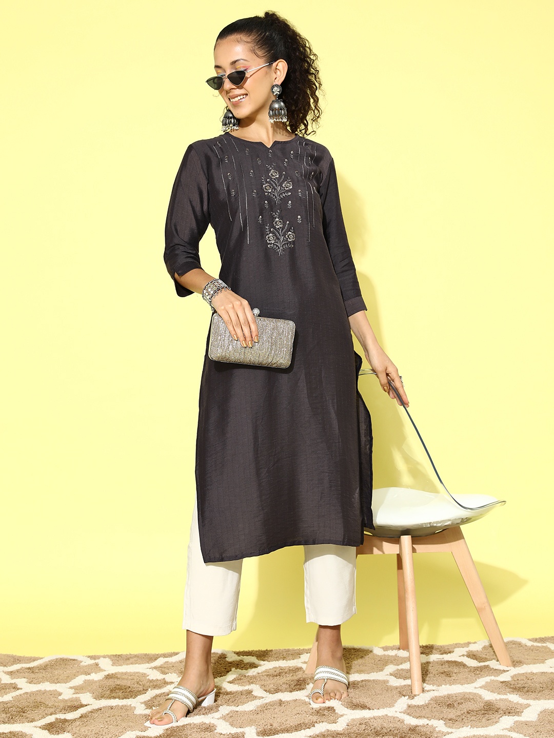 Sangria Floral Yoke Design Sequinned Kurta, Grey