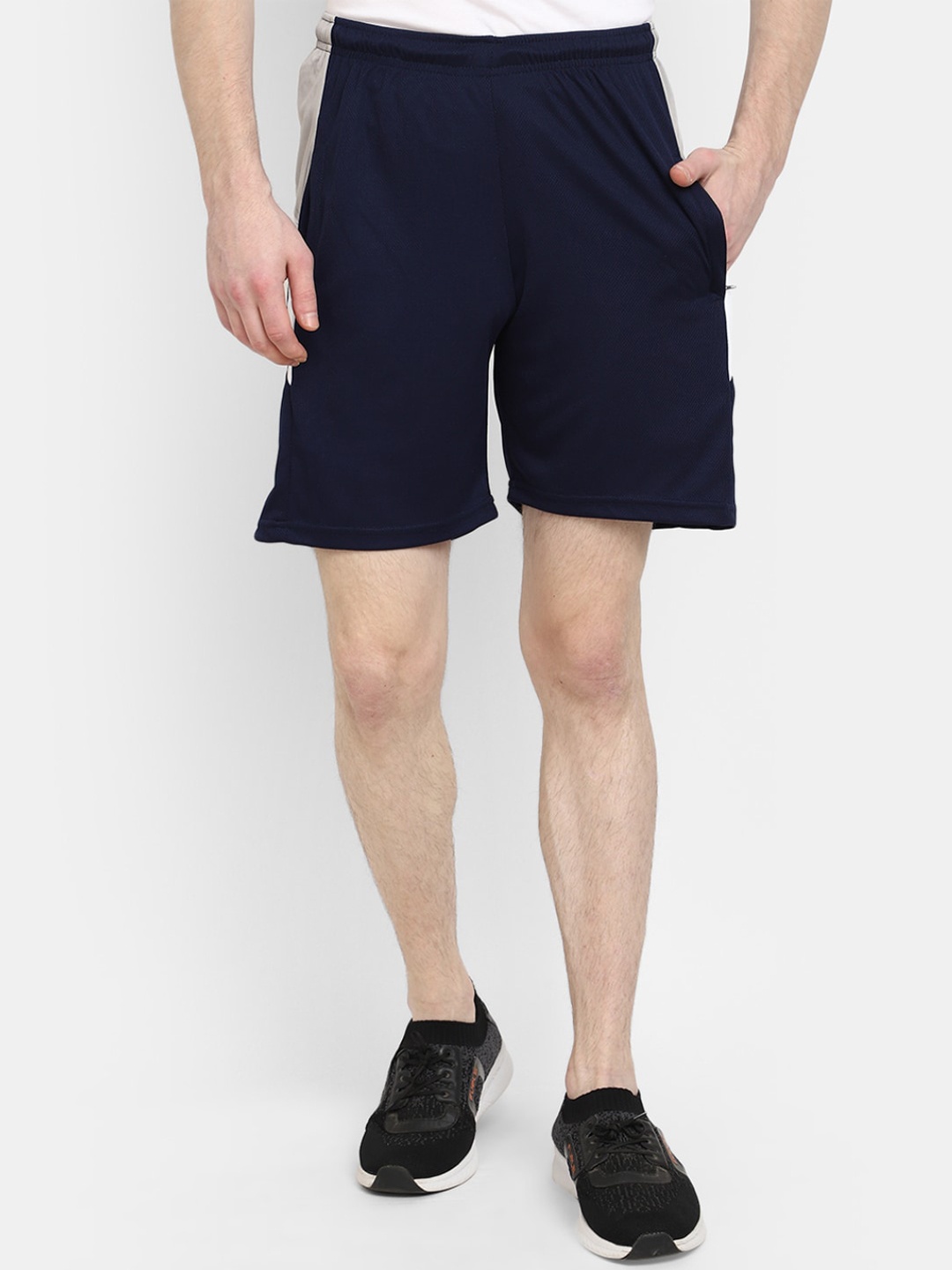 V-Mart Men Colourblocked Mid Rise Sports Shorts, Navy blue