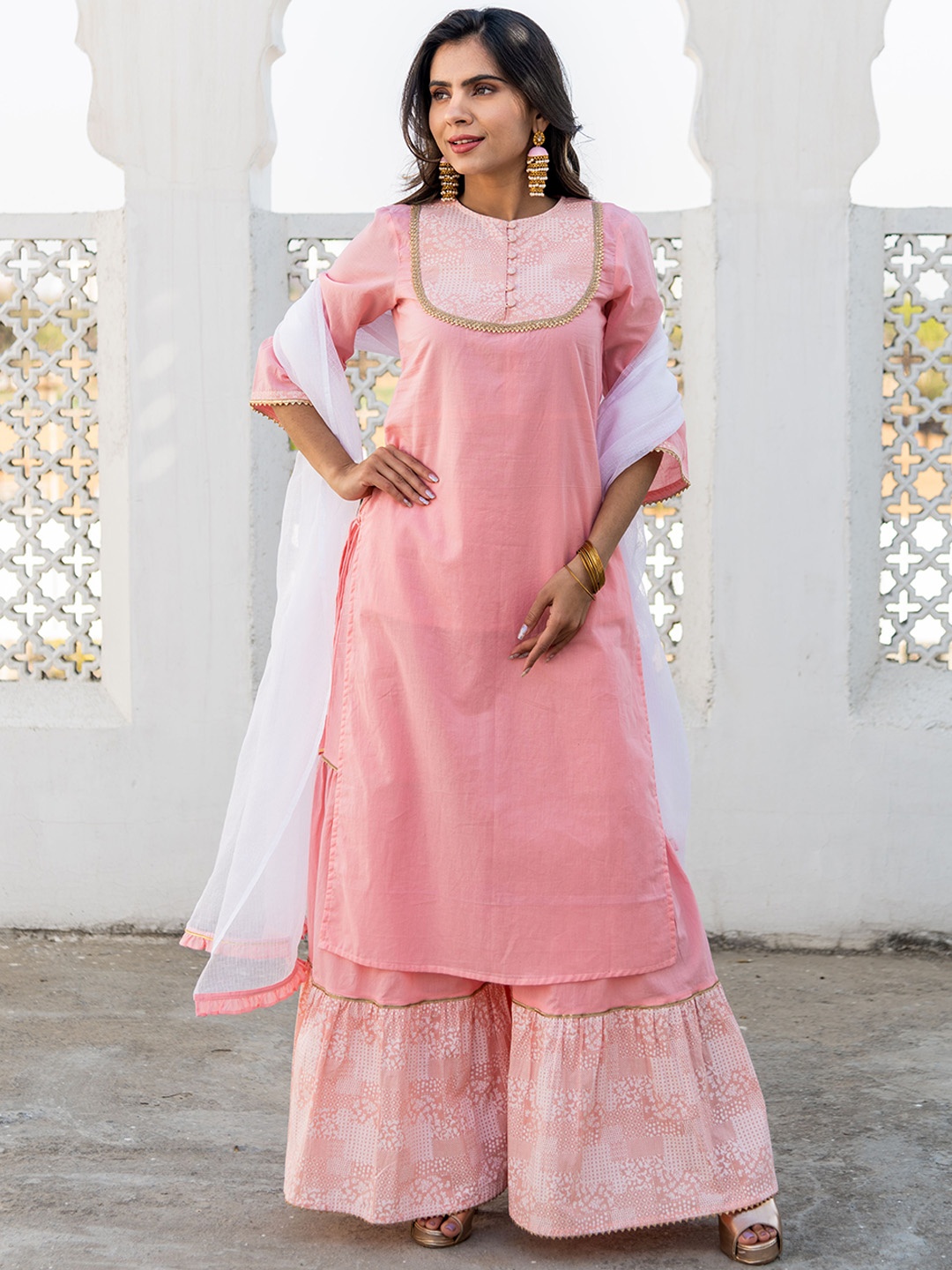 Kohsh Ethnic Motifs Yoke Design Gotta Patti Pure Cotton Kurta with Sharara & With Dupatta, Pink
Kohsh Ethnic Motifs Yoke Design Gotta Patti Pure Cotton Kurta with Sharara & With Dupatta, Pink