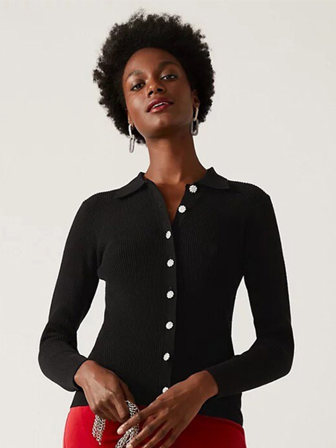 Marks & Spencer Ribbed Henley Neck Cardigan, Black