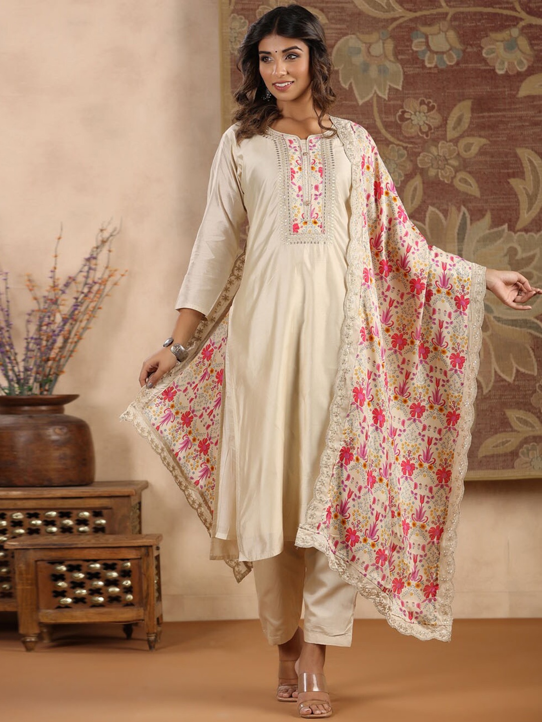 Meena Bazaar Floral Yoke Design Sequinned Kurta with Trousers & With Dupatta, Beige
Meena Bazaar Floral Yoke Design Sequinned Kurta with Trousers & With Dupatta, Beige