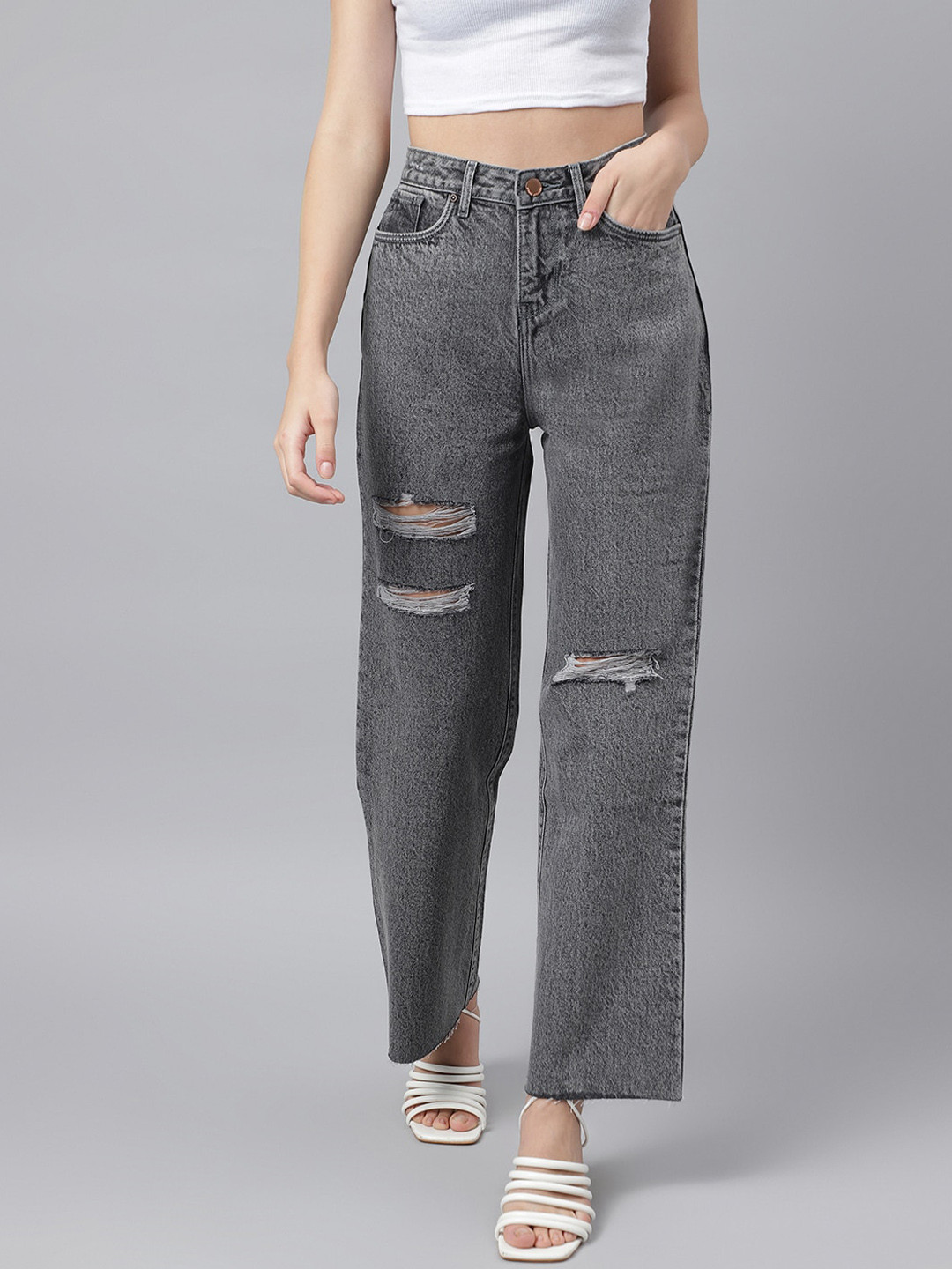 Xpose Women High-Rise Comfort Wide Leg Mildly Distressed Light Fade Pure Cotton Jeans, Grey
Xpose Women High-Rise Comfort Wide Leg Mildly Distressed Light Fade Pure Cotton Jeans, Grey