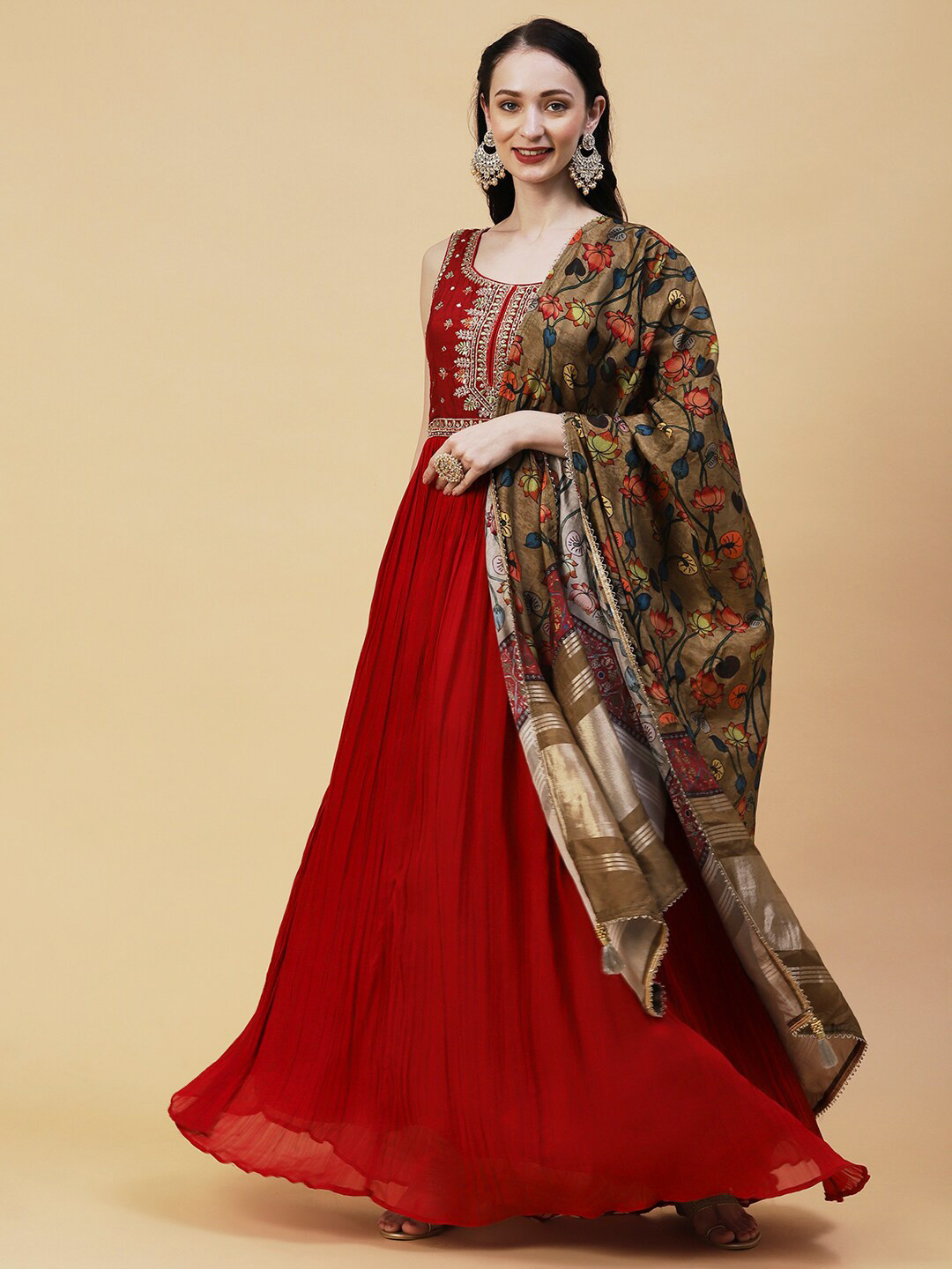 Envy Me by FASHOR Floral Embroidered Gathered Or Pleated Ethnic Dress With Dupatta, Red 
Envy Me by FASHOR Floral Embroidered Gathered Or Pleated Ethnic Dress With Dupatta, Red