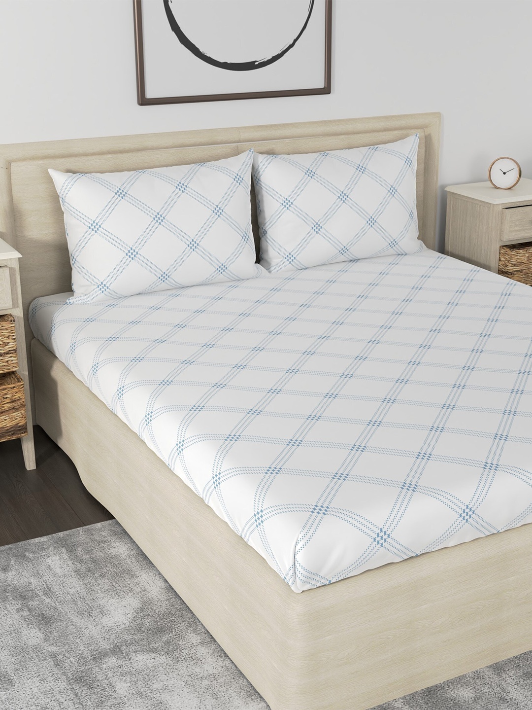 Huesland Aspire White & Blue Geometric 186 TC Cotton King Bedsheet With 2 Pillow Covers
Huesland Aspire White & Blue Geometric 186 TC Cotton King Bedsheet With 2 Pillow Covers