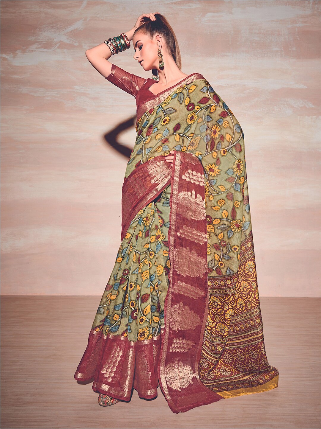 Kasak Floral Printed Zari Saree, Khaki