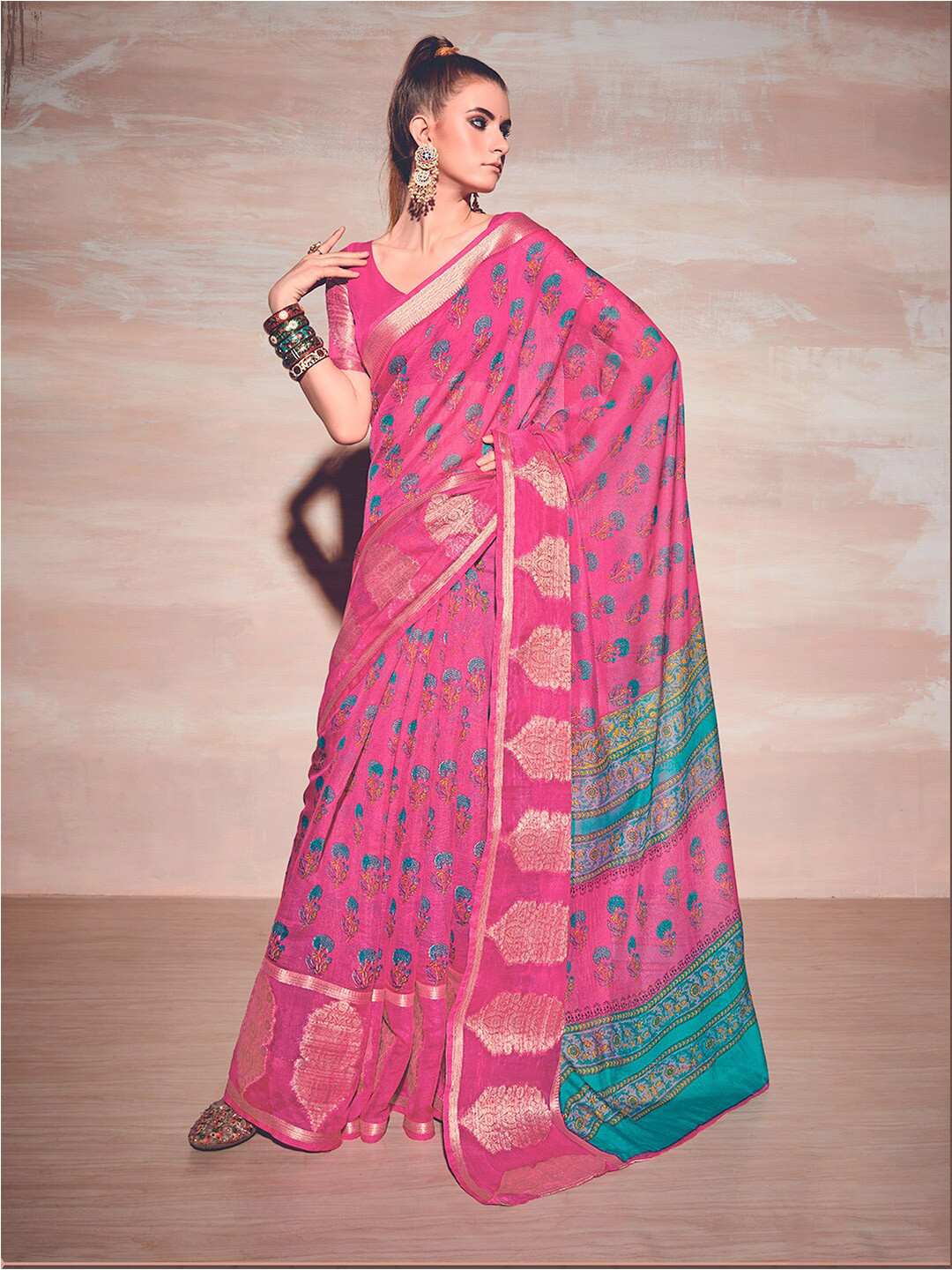 Kasak Floral Printed Zari Saree, Pink 
Kasak Floral Printed Zari Saree, Pink
