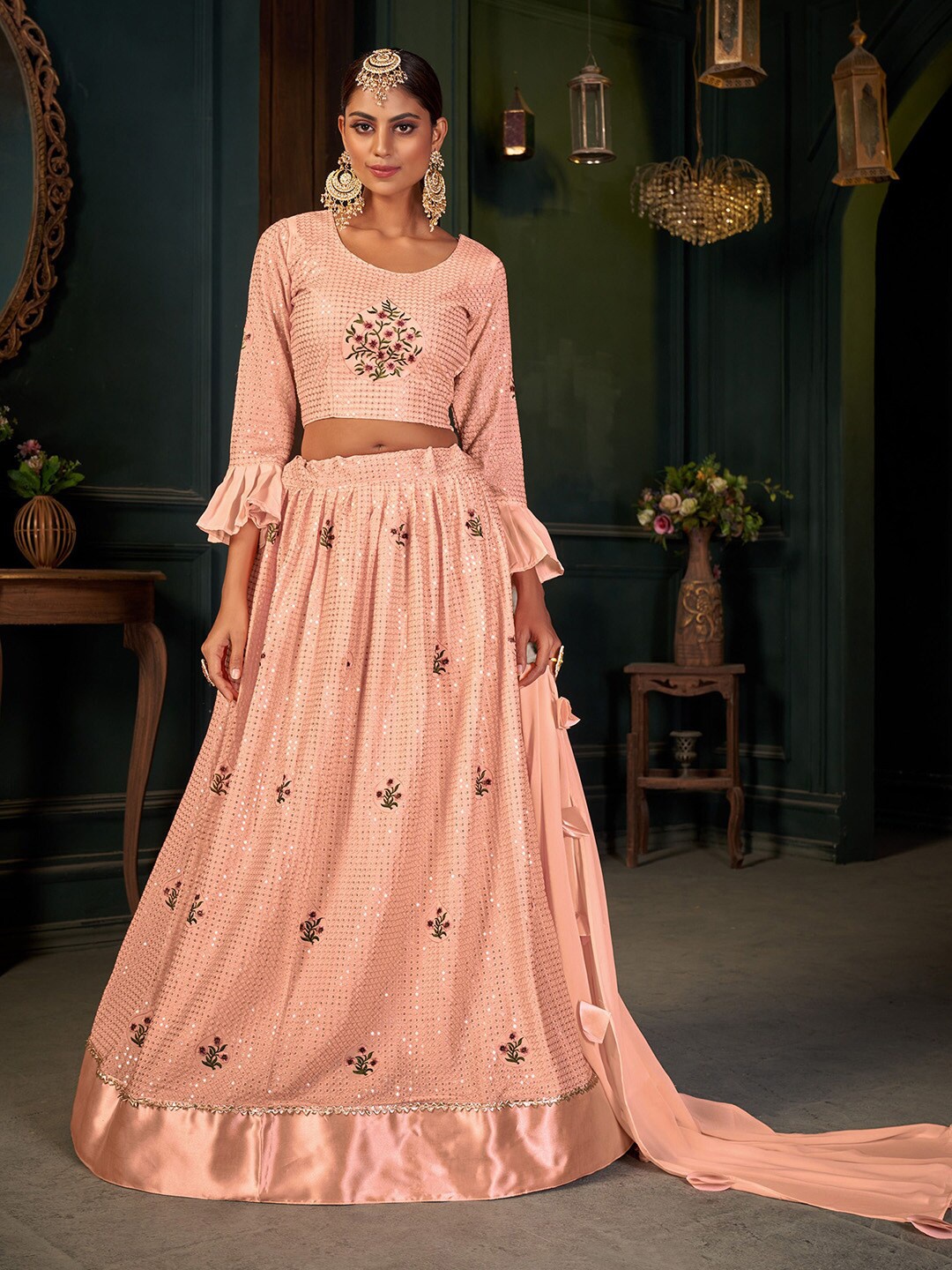Satrani Peach-Coloured Embroidered Semi-Stitched Lehenga & Unstitched Blouse With Dupatta
Satrani Peach-Coloured Embroidered Semi-Stitched Lehenga & Unstitched Blouse With Dupatta