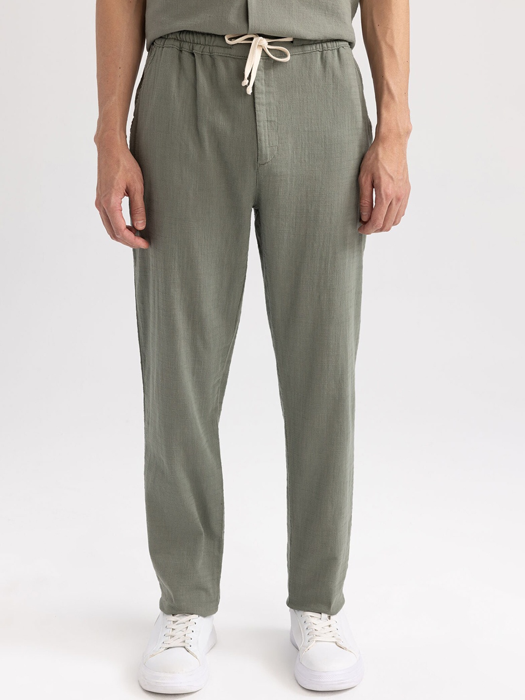 DeFacto Flat-Front Mid-Rise Pure Cotton Regular Trousers, Khaki