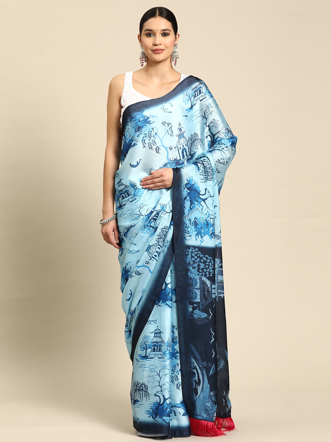 VASTRANAND Printed Pure Chiffon Saree, Blue