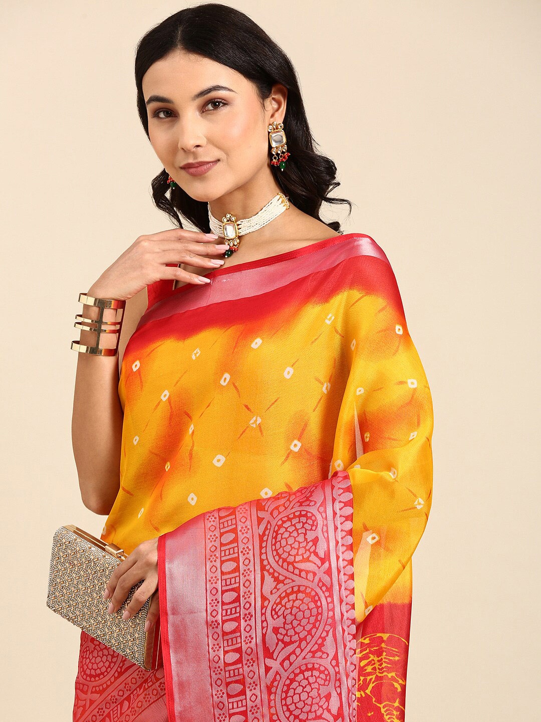 Anouk Mustard & Pink Bandhani Zari Pure Cotton Saree