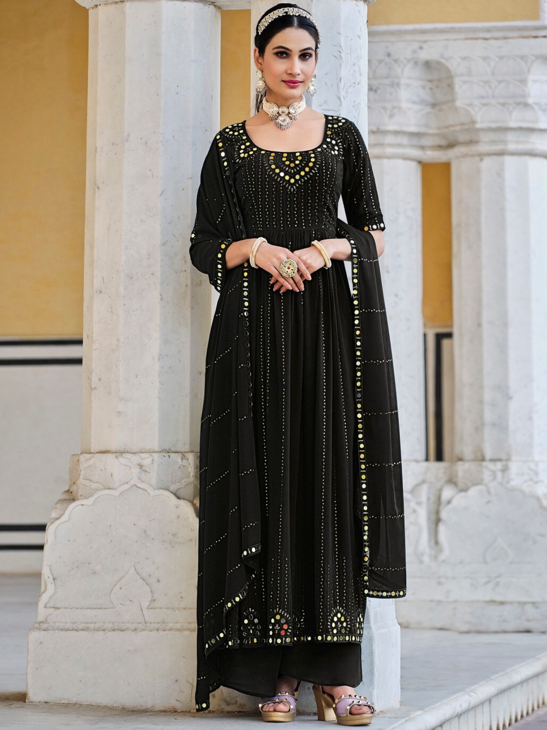 SHUBHKALA Embroidered Mirror Work Sequinned Anarkali Kurta With Palazzos & Dupatta, Black
SHUBHKALA Embroidered Mirror Work Sequinned Anarkali Kurta With Palazzos & Dupatta, Black