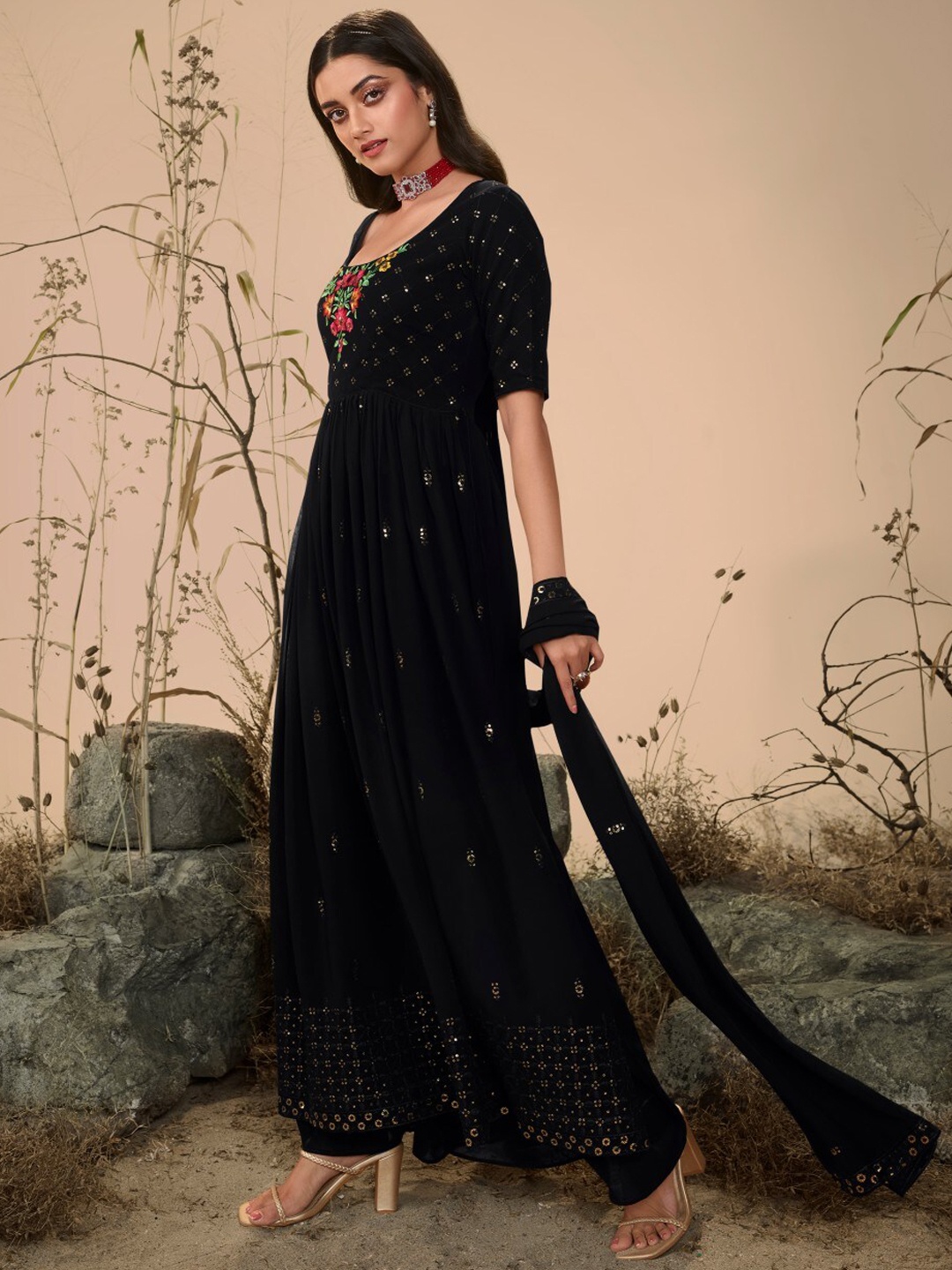 SHUBHKALA Floral Embroidered Sequinned Georgette Anarkali Kurta With Palazzos & Dupatta, Black
SHUBHKALA Floral Embroidered Sequinned Georgette Anarkali Kurta With Palazzos & Dupatta, Black