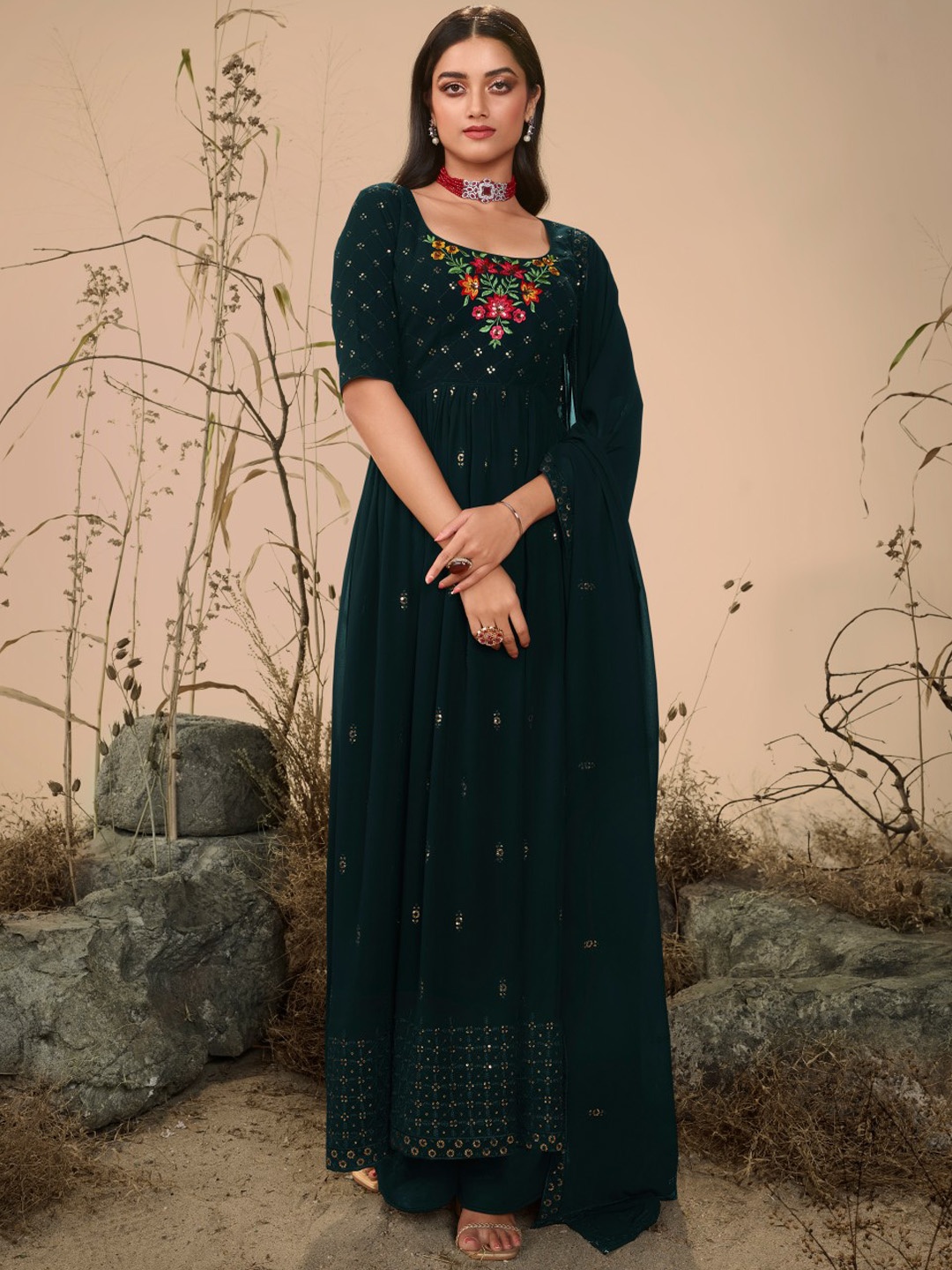 SHUBHKALA Floral Embroidered Sequinned Anarkali Georgette Kurta With Palazzos & Dupatta, Green
SHUBHKALA Floral Embroidered Sequinned Anarkali Georgette Kurta With Palazzos & Dupatta, Green