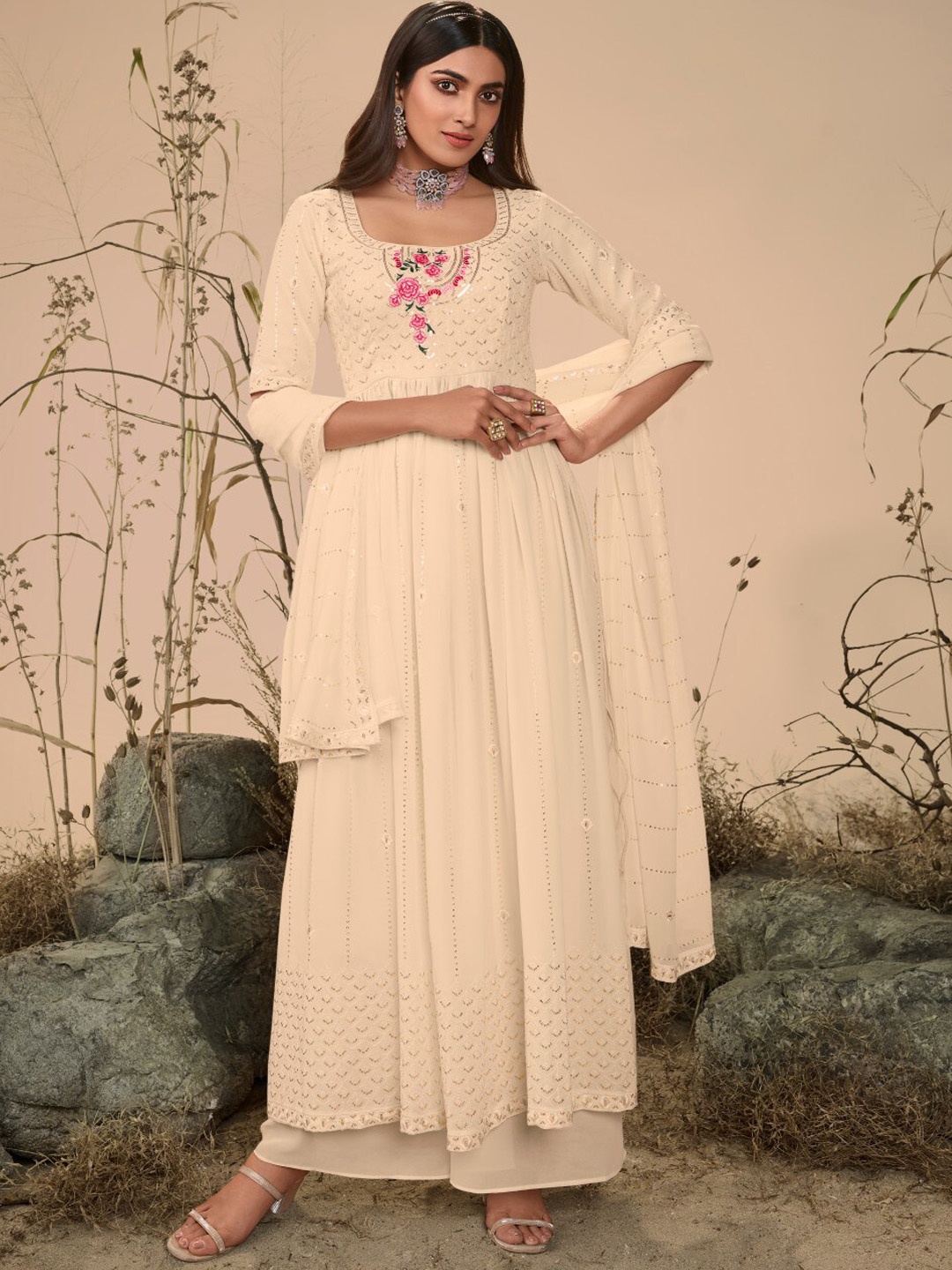 SHUBHKALA Floral Embroidered Sequinned A-line Kurta With Palazzos & Dupatta, Off white
SHUBHKALA Floral Embroidered Sequinned A-line Kurta With Palazzos & Dupatta, Off white