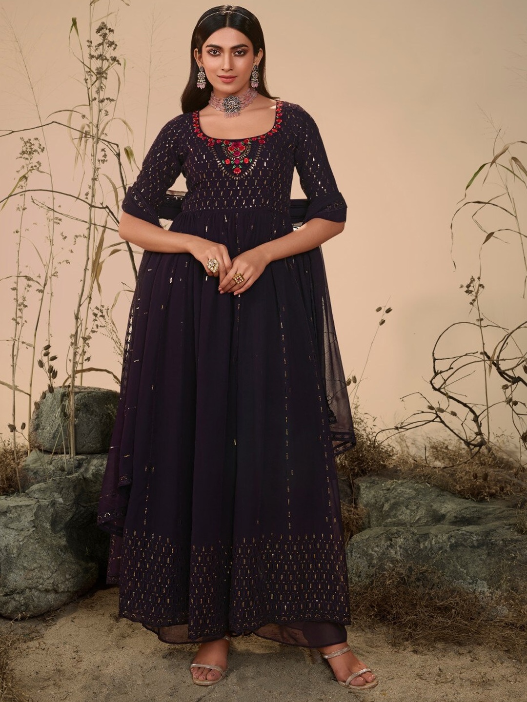 SHUBHKALA Floral Embroidered Sequinned Anarkali Kurta With Palazzos & Dupatta, Purple
SHUBHKALA Floral Embroidered Sequinned Anarkali Kurta With Palazzos & Dupatta, Purple