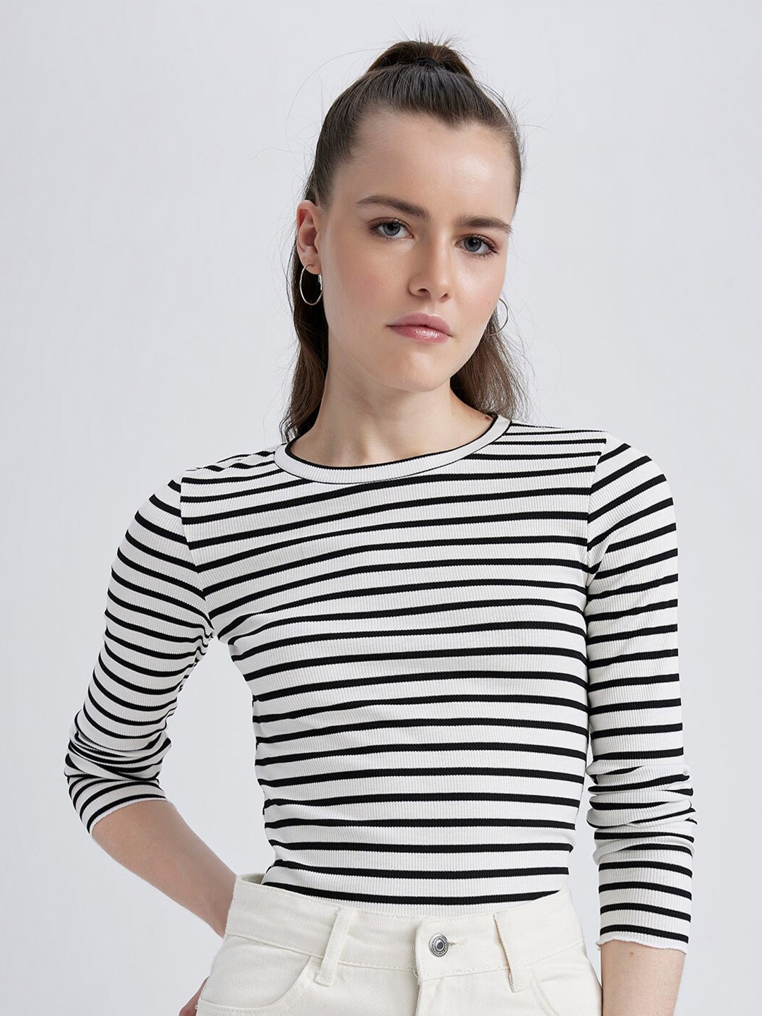 DeFacto Striped Long Sleeves T-shirt, White