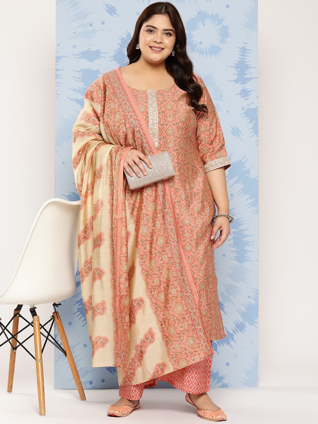 EXTRA LOVE BY LIBAS Plus Size Ethnic Printed Sequinned Kurta with Trousers & Dupatta, Peach
EXTRA LOVE BY LIBAS Plus Size Ethnic Printed Sequinned Kurta with Trousers & Dupatta, Peach