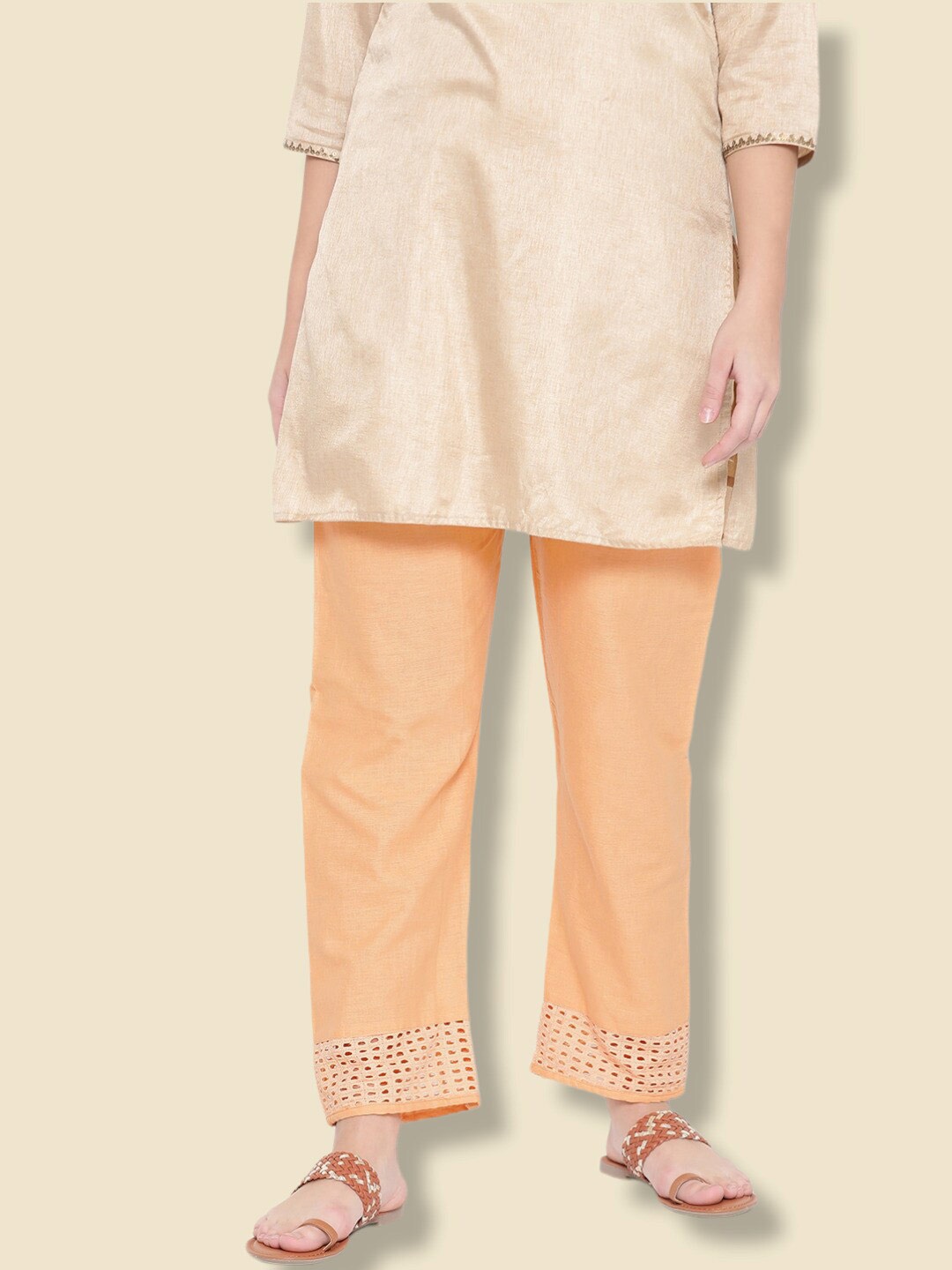 Vastraa Fusion Women Ethnic Embroidery Lace Detail Pure Cotton Straight Palazzos, Cream
Vastraa Fusion Women Ethnic Embroidery Lace Detail Pure Cotton Straight Palazzos, Cream
