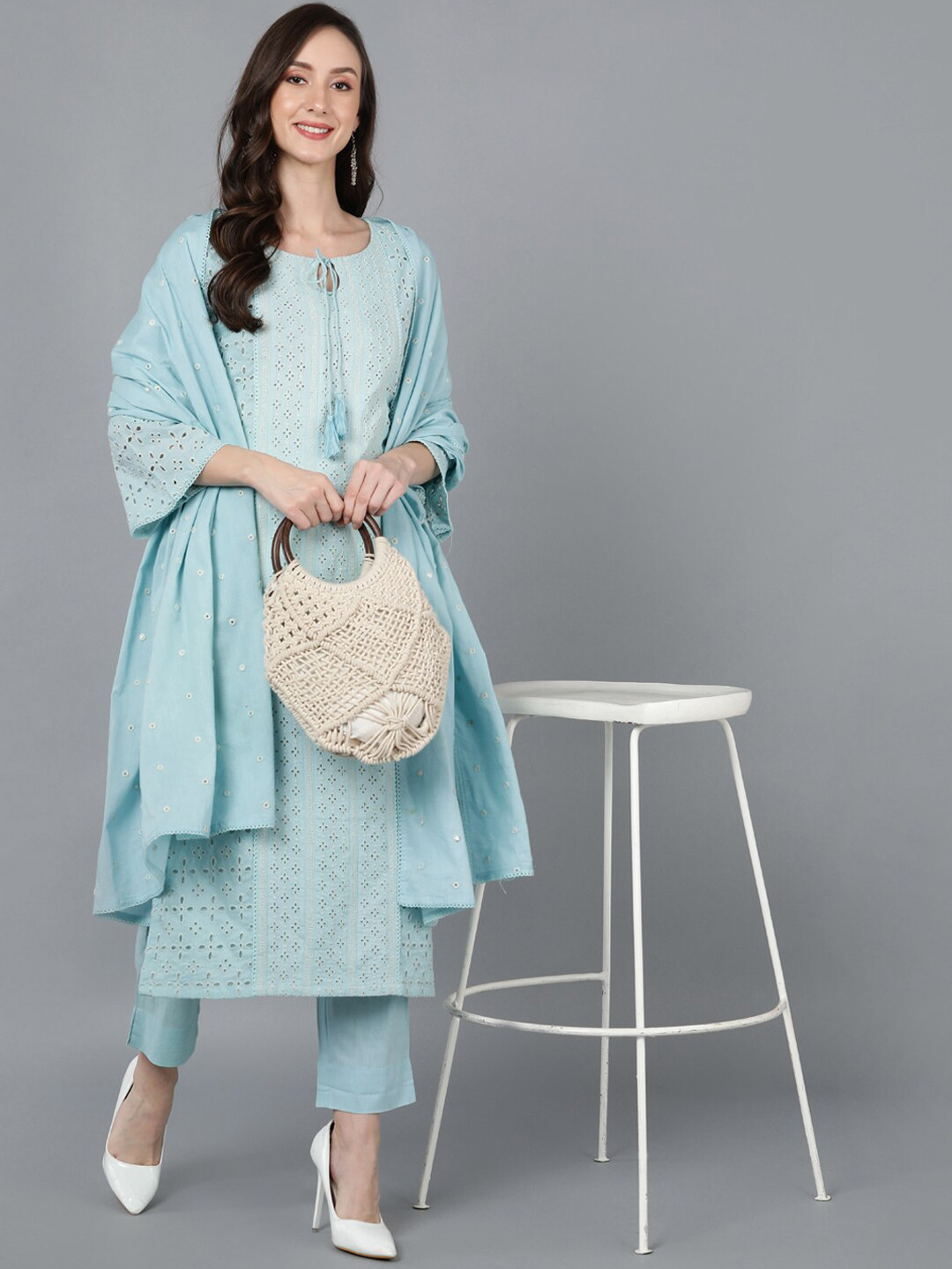 AHIKA Light Blue Schiffli Self Design Panelled Pure Cotton Kurta with Trousers & Dupatta
AHIKA Light Blue Schiffli Self Design Panelled Pure Cotton Kurta with Trousers & Dupatta