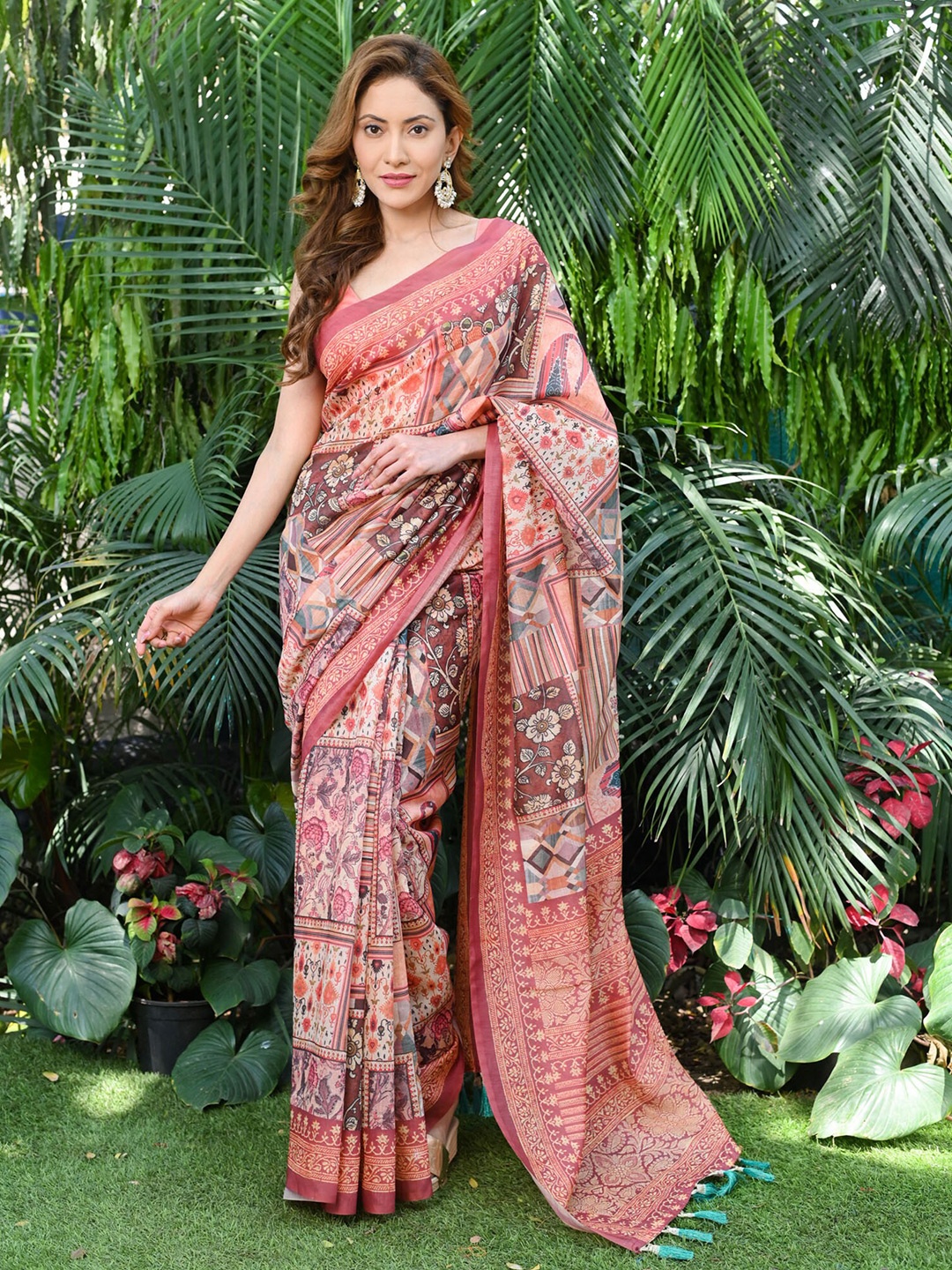 BEATITUDE Floral Printed Chanderi Saree, Rust