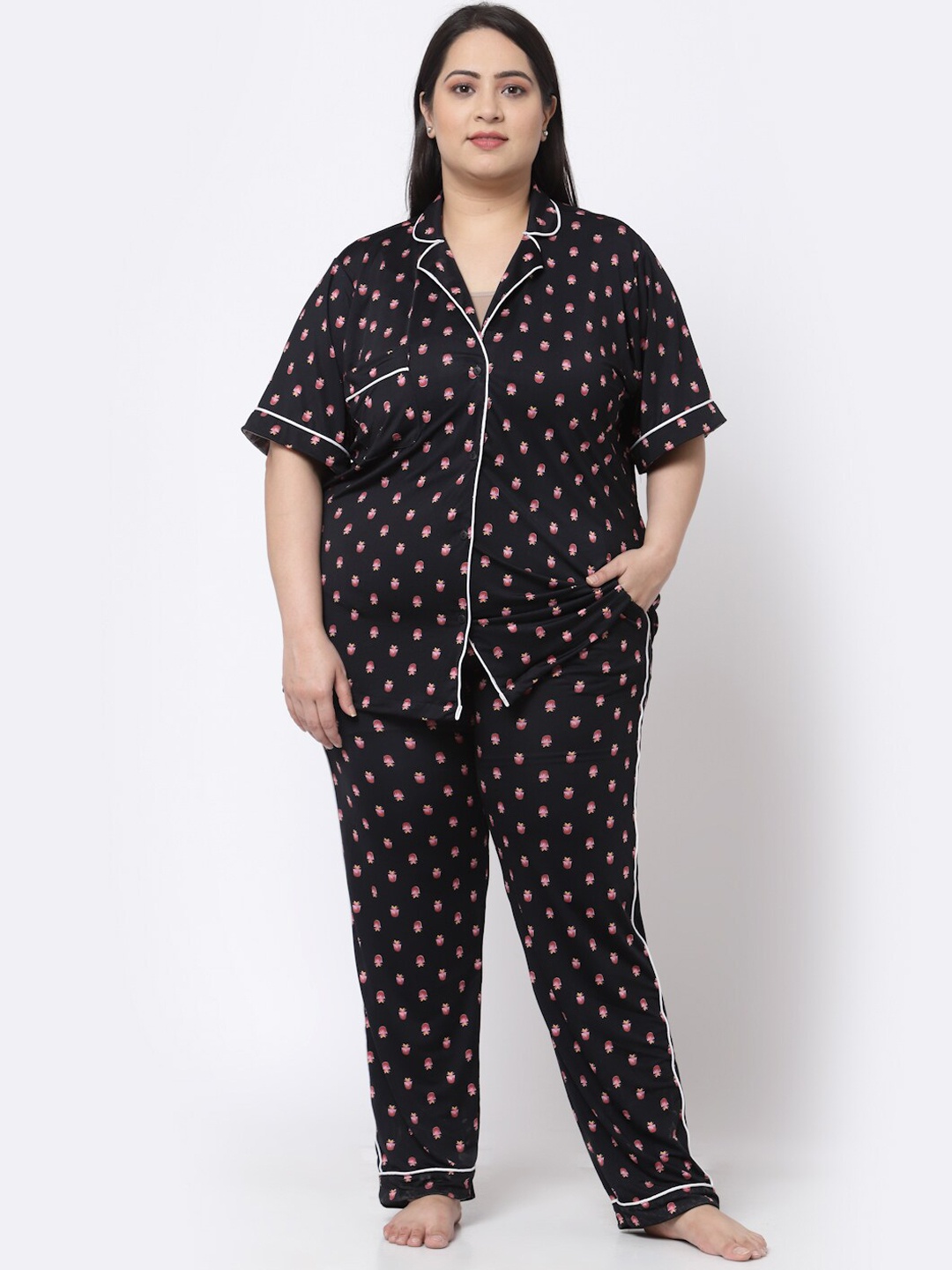 KLOTTHE Plus Size Conversational Printed Night Suit, Black