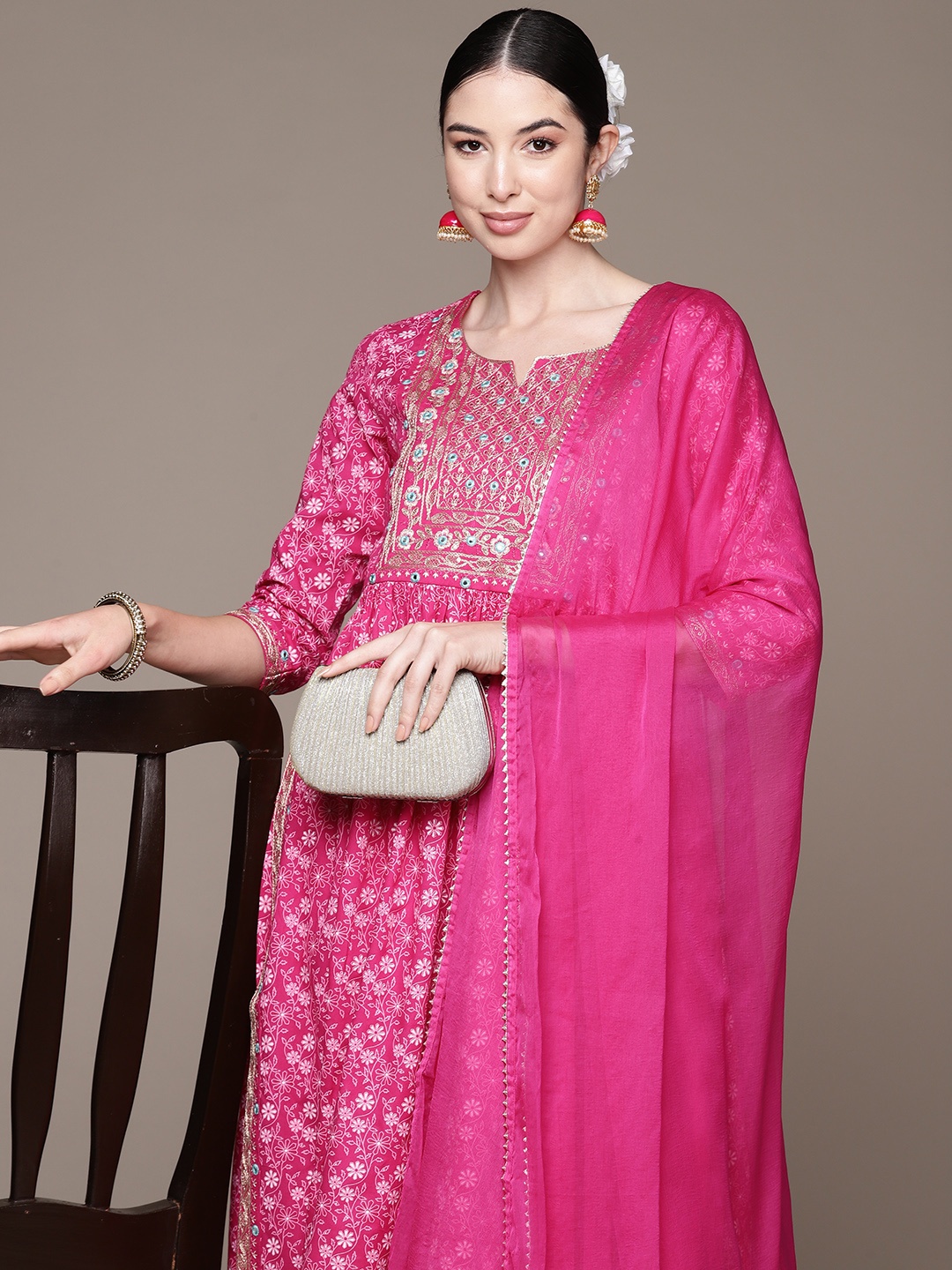 Anubhutee Floral Embroidered High Slit Mirror Work Kurta With Trousers & Dupatta, Magenta
Anubhutee Floral Embroidered High Slit Mirror Work Kurta With Trousers & Dupatta, Magenta