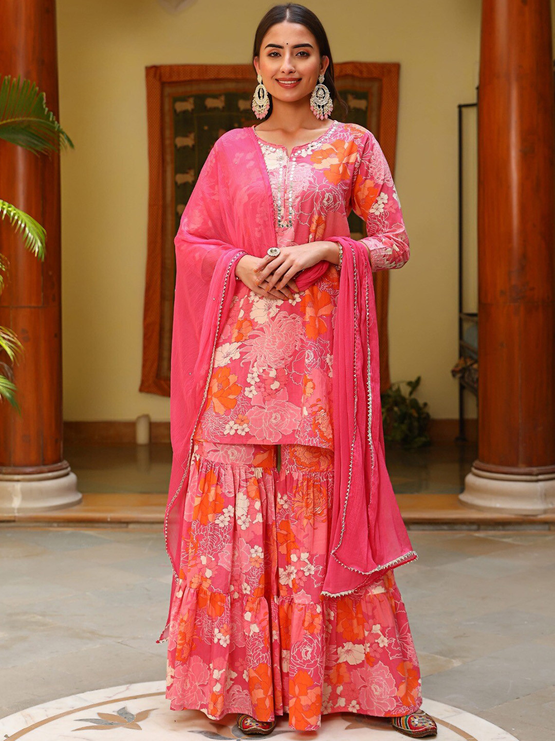 Do Dhaage Floral Printed Mirror Work Pure Cotton Kurta with Sharara & Dupatta, Pink
Do Dhaage Floral Printed Mirror Work Pure Cotton Kurta with Sharara & Dupatta, Pink