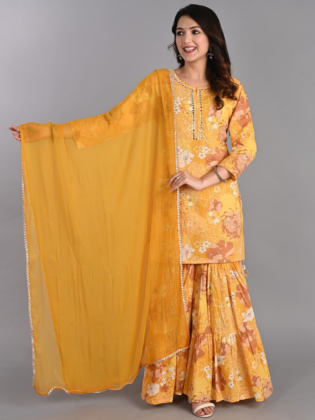 Do Dhaage Floral Printed Mirror Work Pure Cotton Kurta With Sharara & Dupatta, Yellow
Do Dhaage Floral Printed Mirror Work Pure Cotton Kurta With Sharara & Dupatta, Yellow