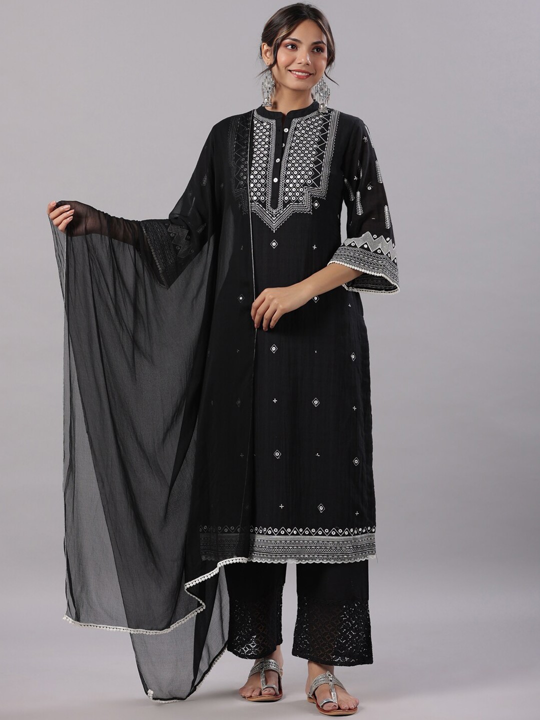 Juniper Black & White Embroidered Mirror Work Pure Cotton Kurta With Palazzos & Dupatta
Juniper Black & White Embroidered Mirror Work Pure Cotton Kurta With Palazzos & Dupatta