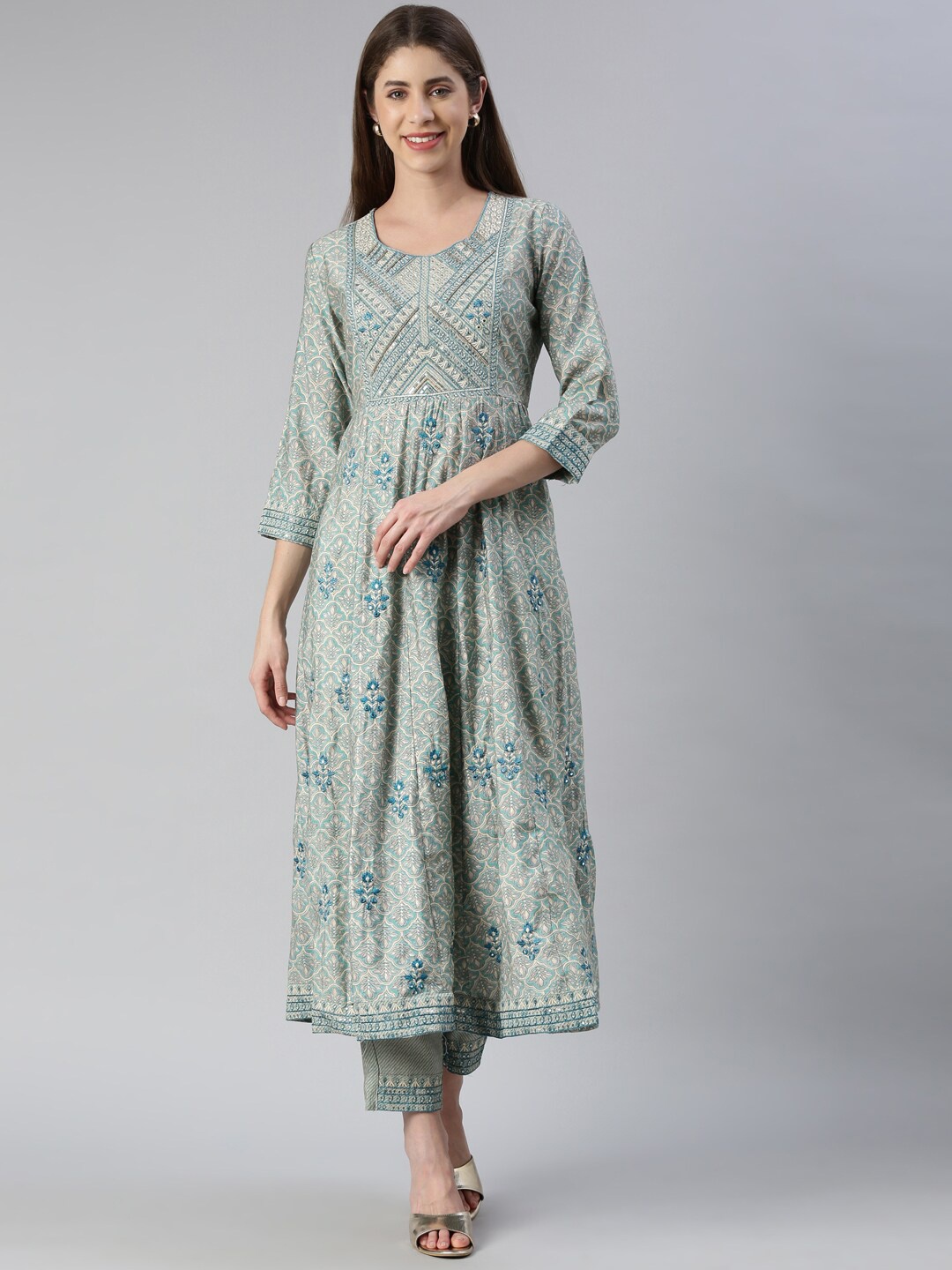 Neerus Ethnic Motifs Printed Mirror Work Anarkali Kurta With Trousers, Sea green
Neerus Ethnic Motifs Printed Mirror Work Anarkali Kurta With Trousers, Sea green