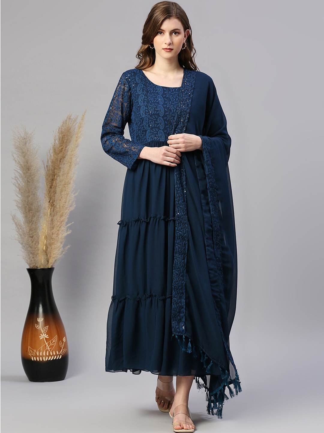 KALINI Embroidered Sequinned Tiered Fit & Flare Ethnic Dress With Dupatta, Navy blue
KALINI Embroidered Sequinned Tiered Fit & Flare Ethnic Dress With Dupatta, Navy blue