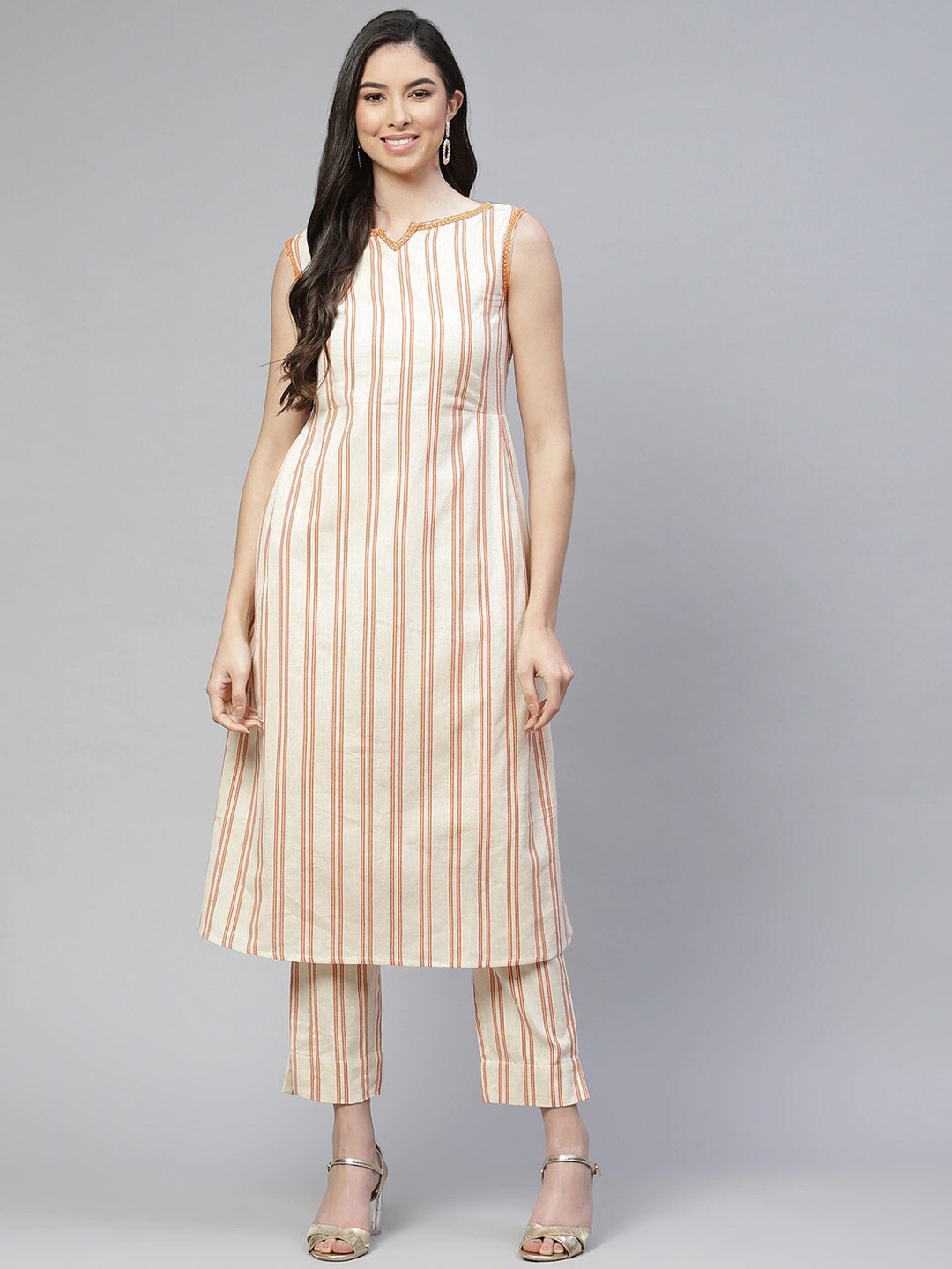 Cottinfab Sleeveless Striped Thread Work Pure Cotton Kurta with Trousers, Off white
Cottinfab Sleeveless Striped Thread Work Pure Cotton Kurta with Trousers, Off white